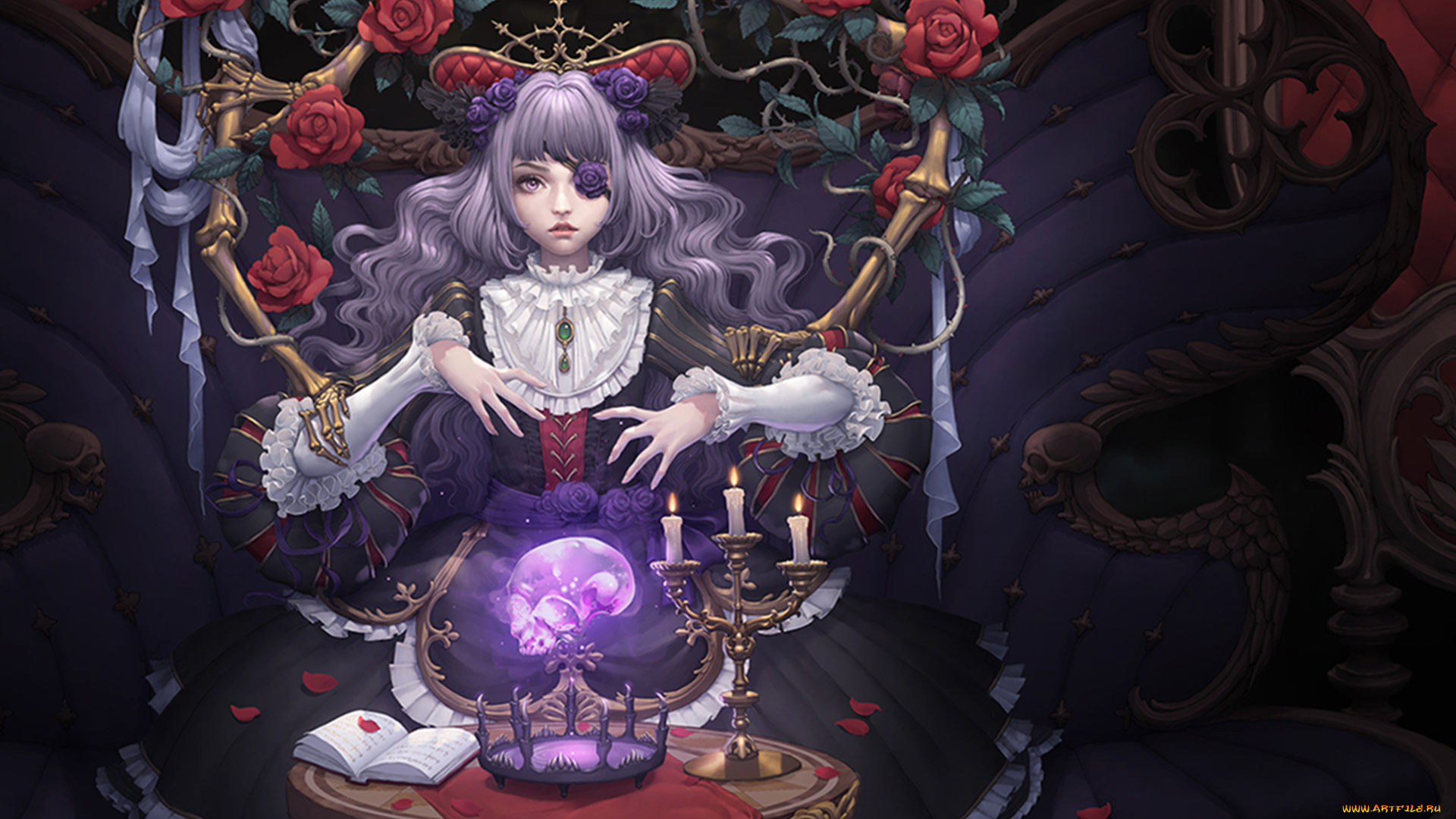 аниме, магия, , колдовство, , halloween, цветы, череп, девушка