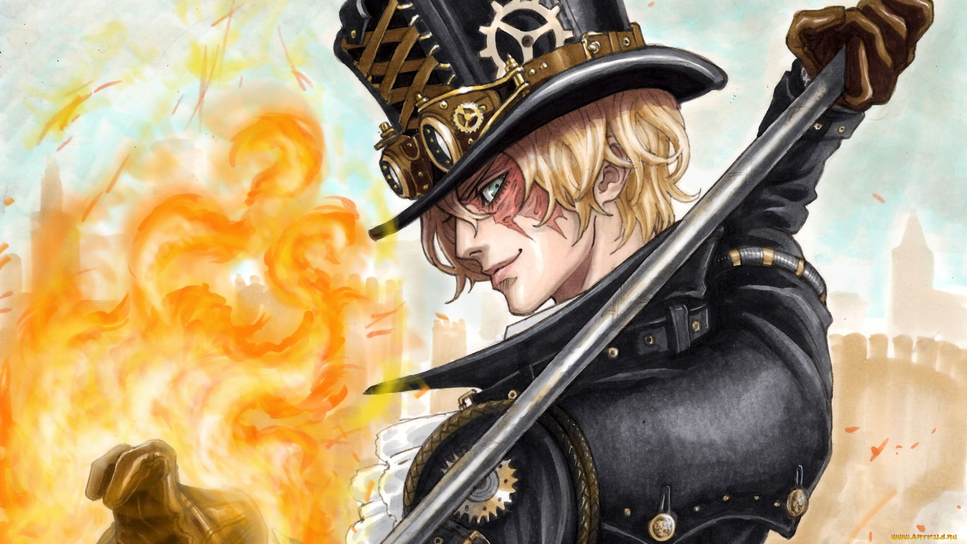 аниме, one, piece, парень, шляпа, огонь