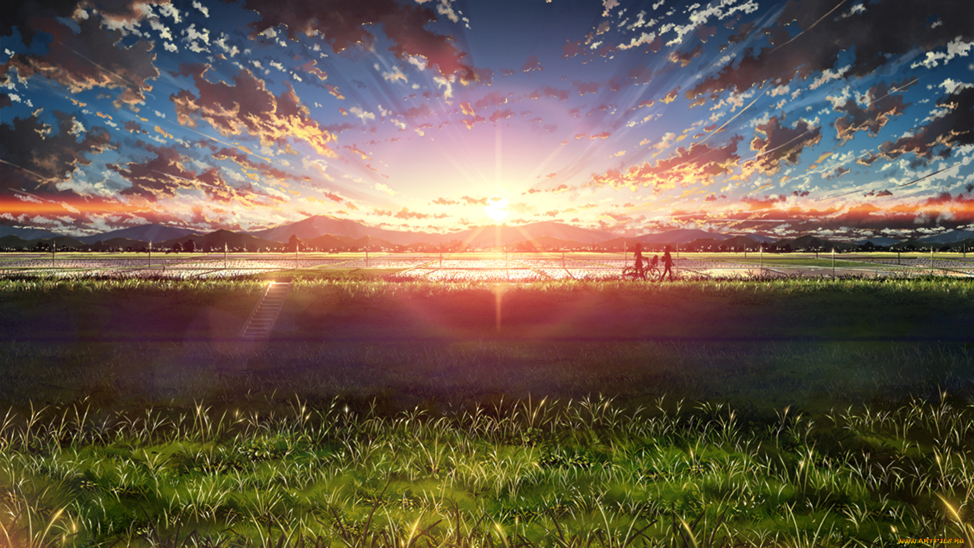 аниме, unknown, , другое, силуэты, закат