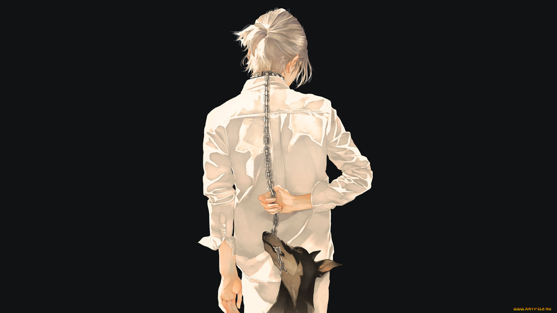 аниме, животные, , существа, собака, парень, цепь