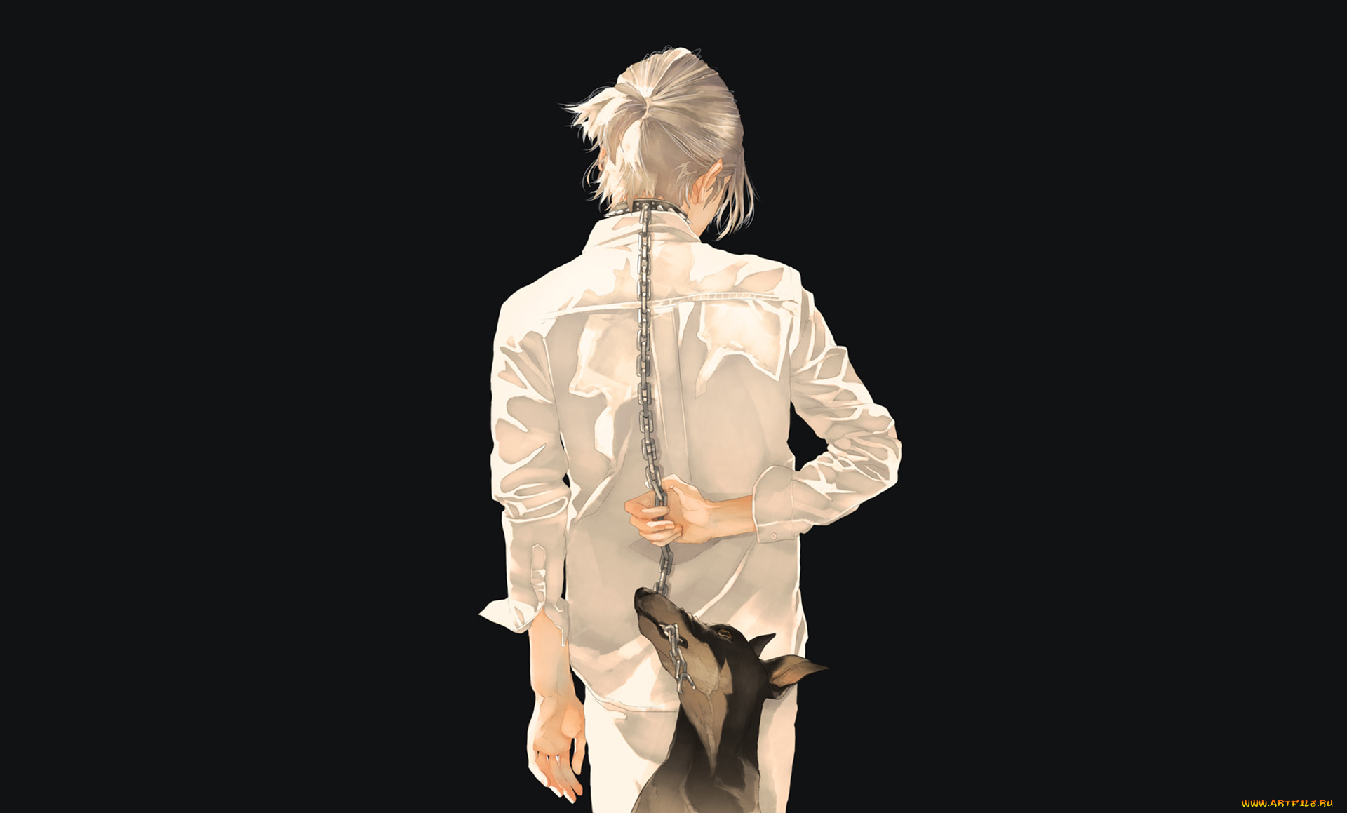 аниме, животные, , существа, собака, парень, цепь