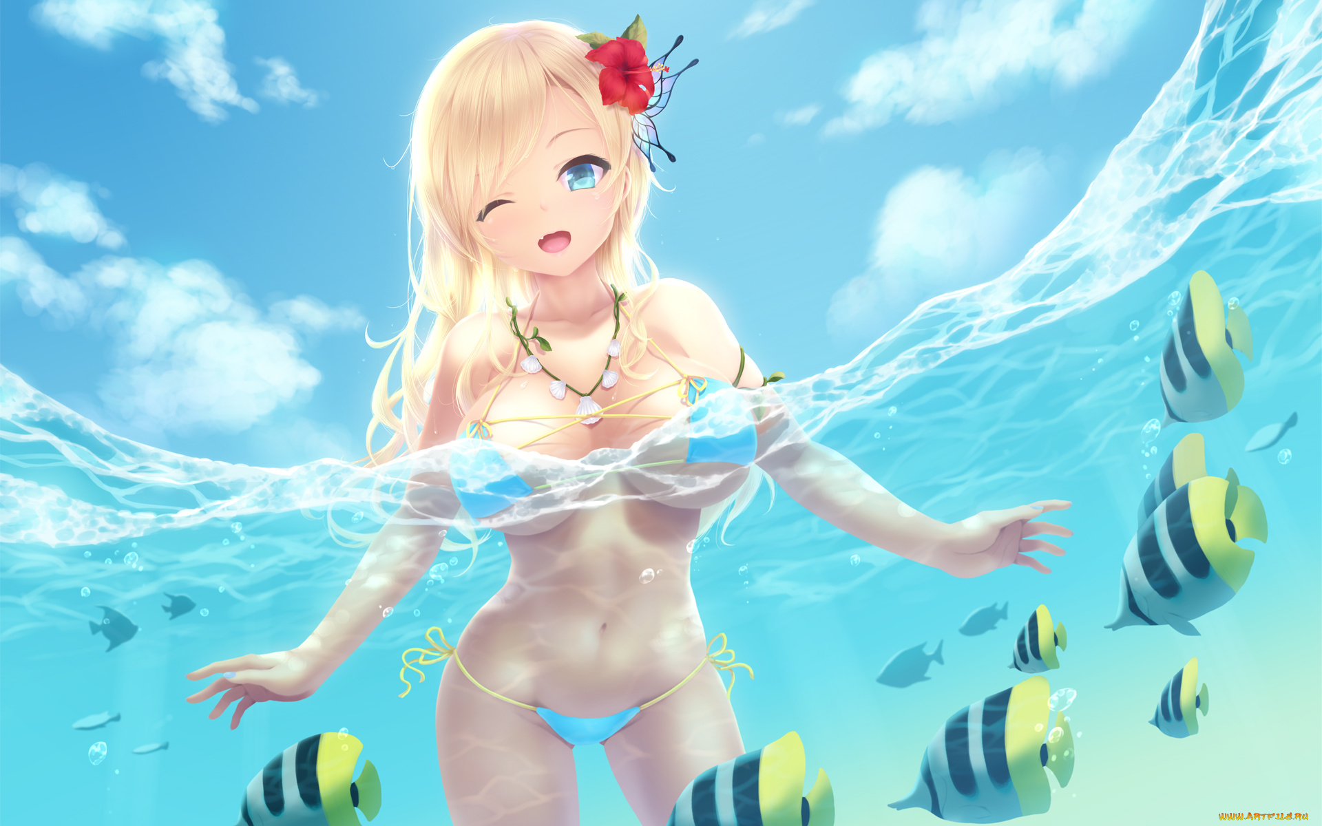 аниме, boku, wa, tomodachi, ga, sukunai, девушка, вода, рыбки