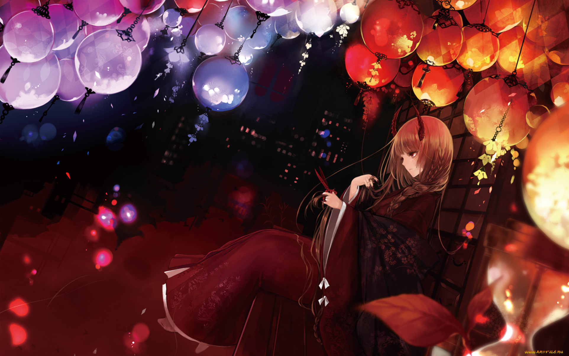 аниме, ангелы, , демоны, девушка, фонари, рога