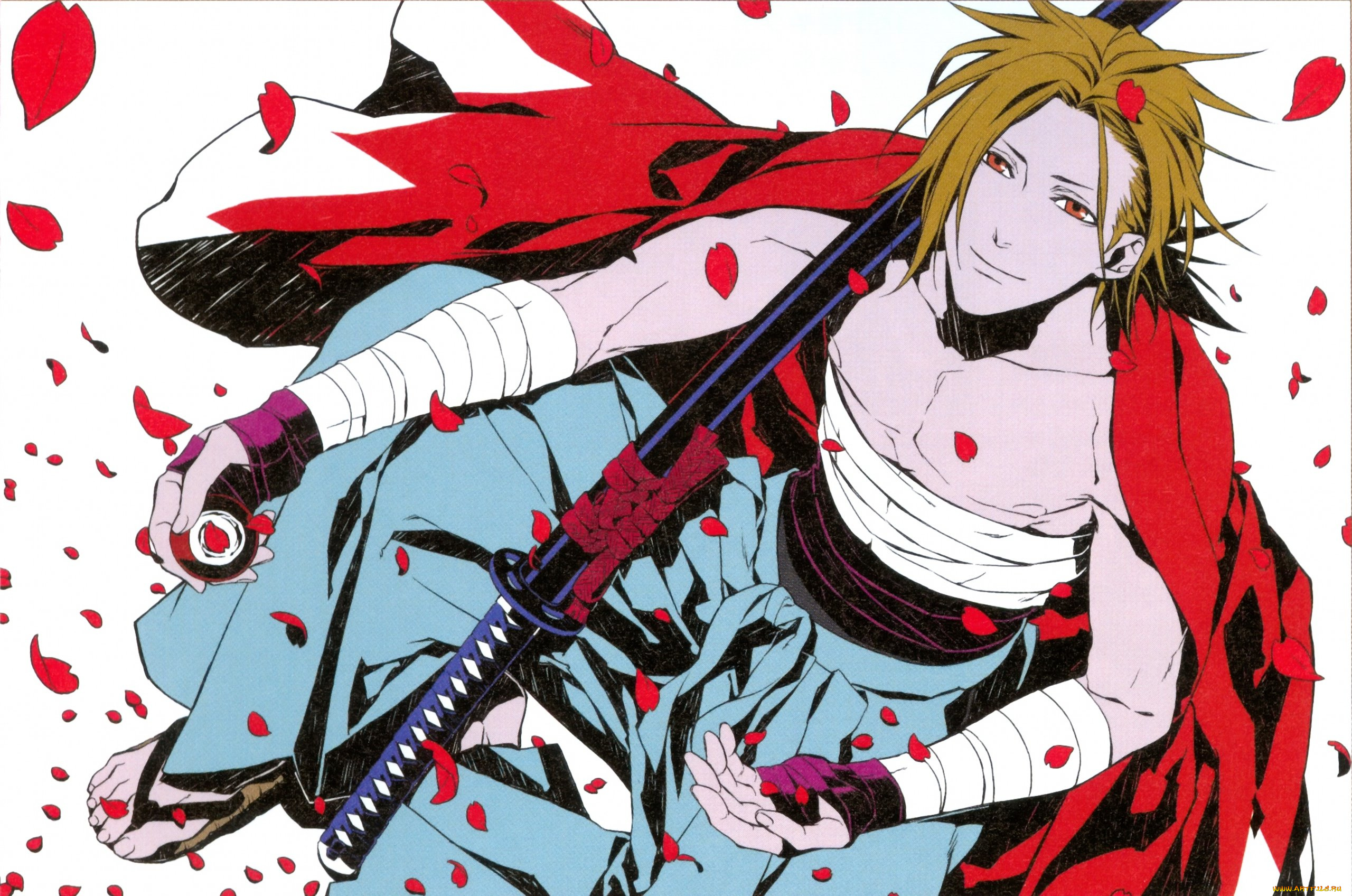 аниме, hakuouki, лепестки, парень