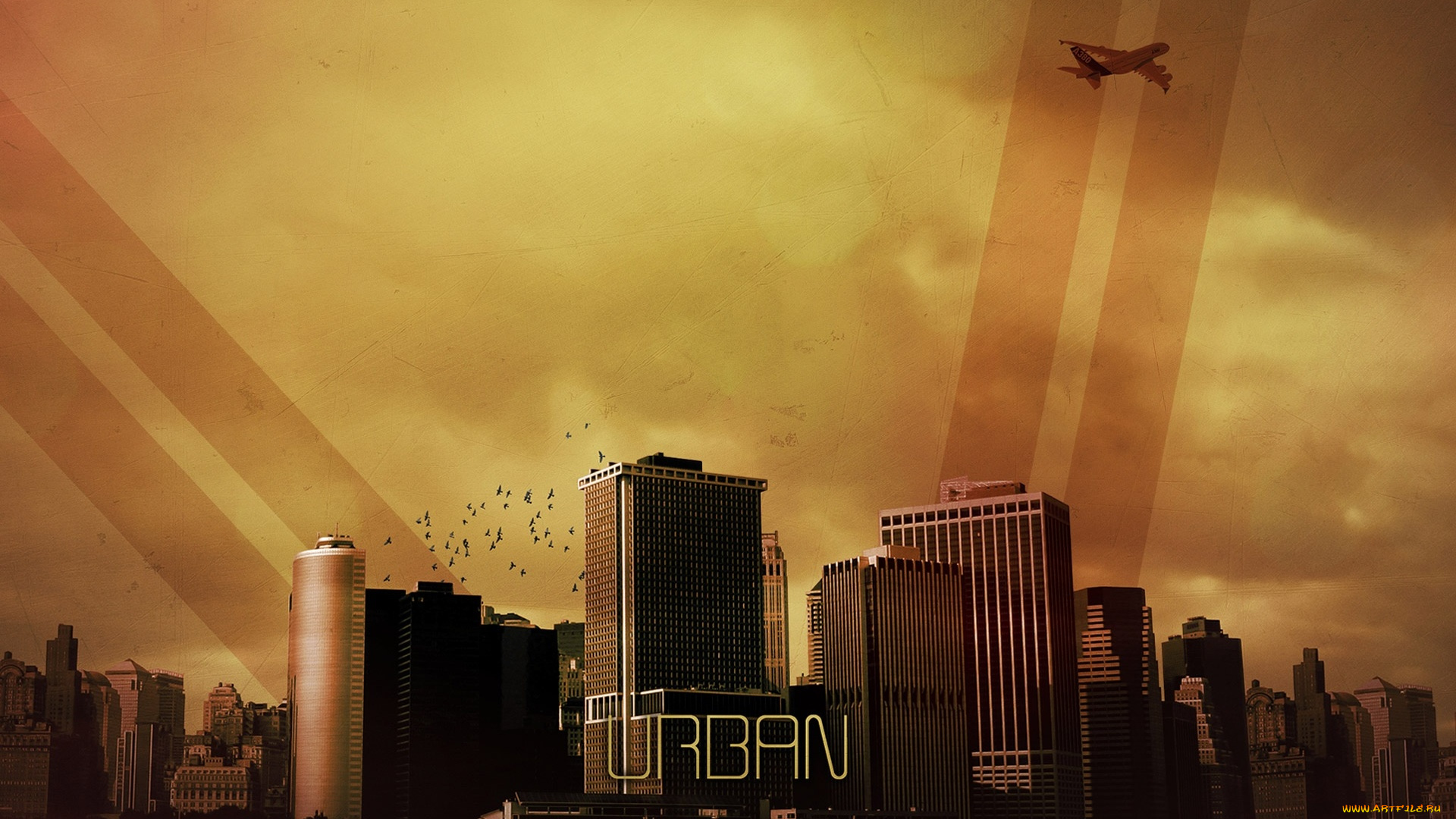 3д, графика, архитектура, , architecture, полосы, дома, самолет, здания, город, птицы