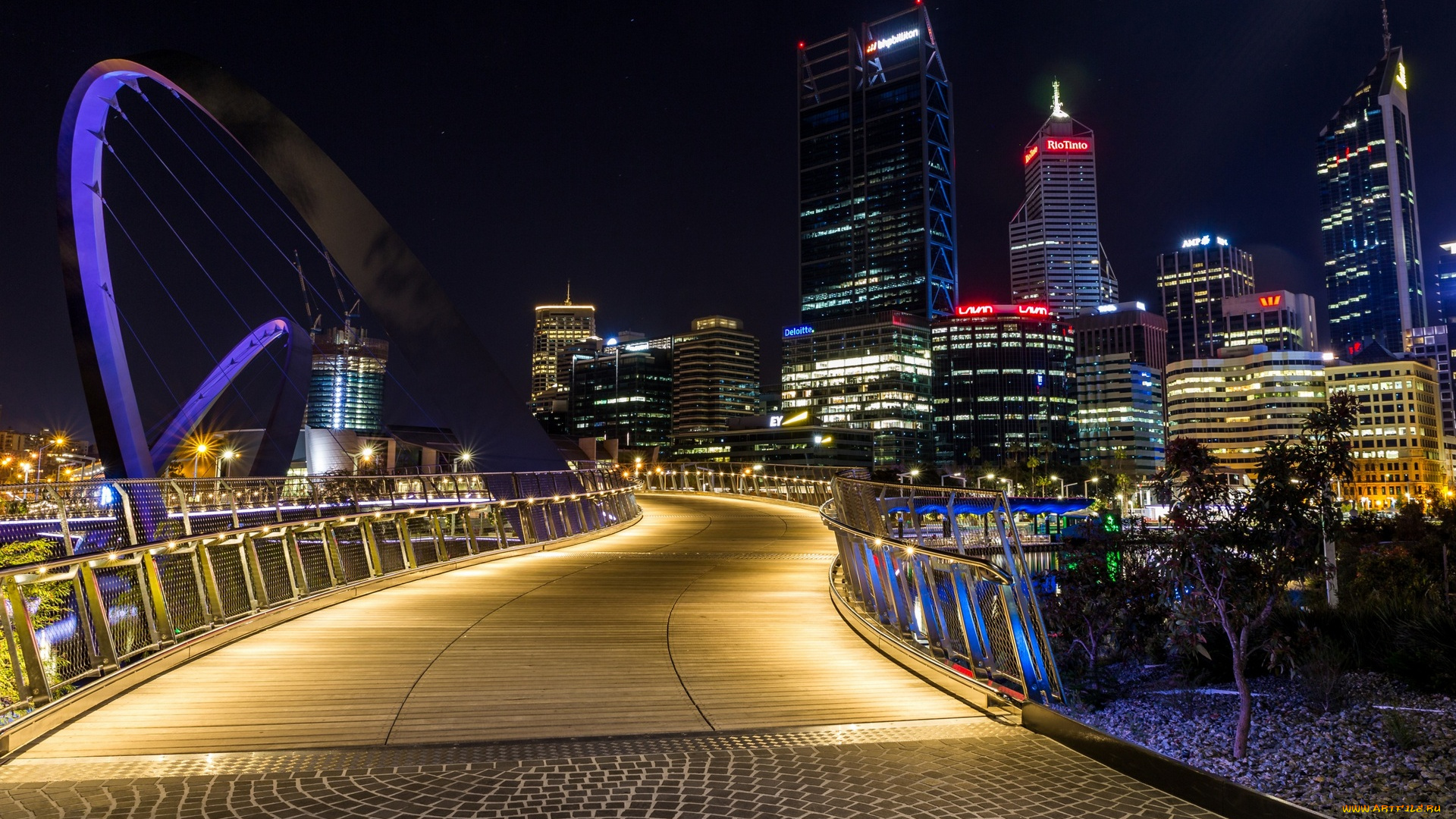 австралия, города, -, огни, ночного, города, мост, деревья, здания, ночь, небоскреб, освещение