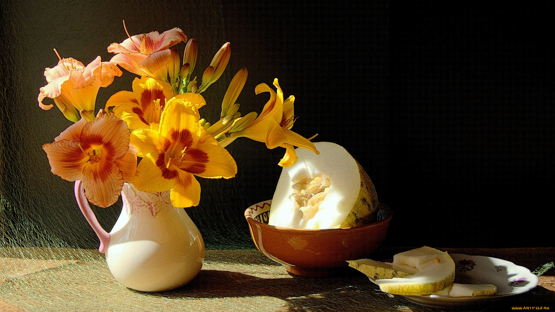 еда, дыня, цветы, хохлова, наталья, фрукты, натюрморт, лилии