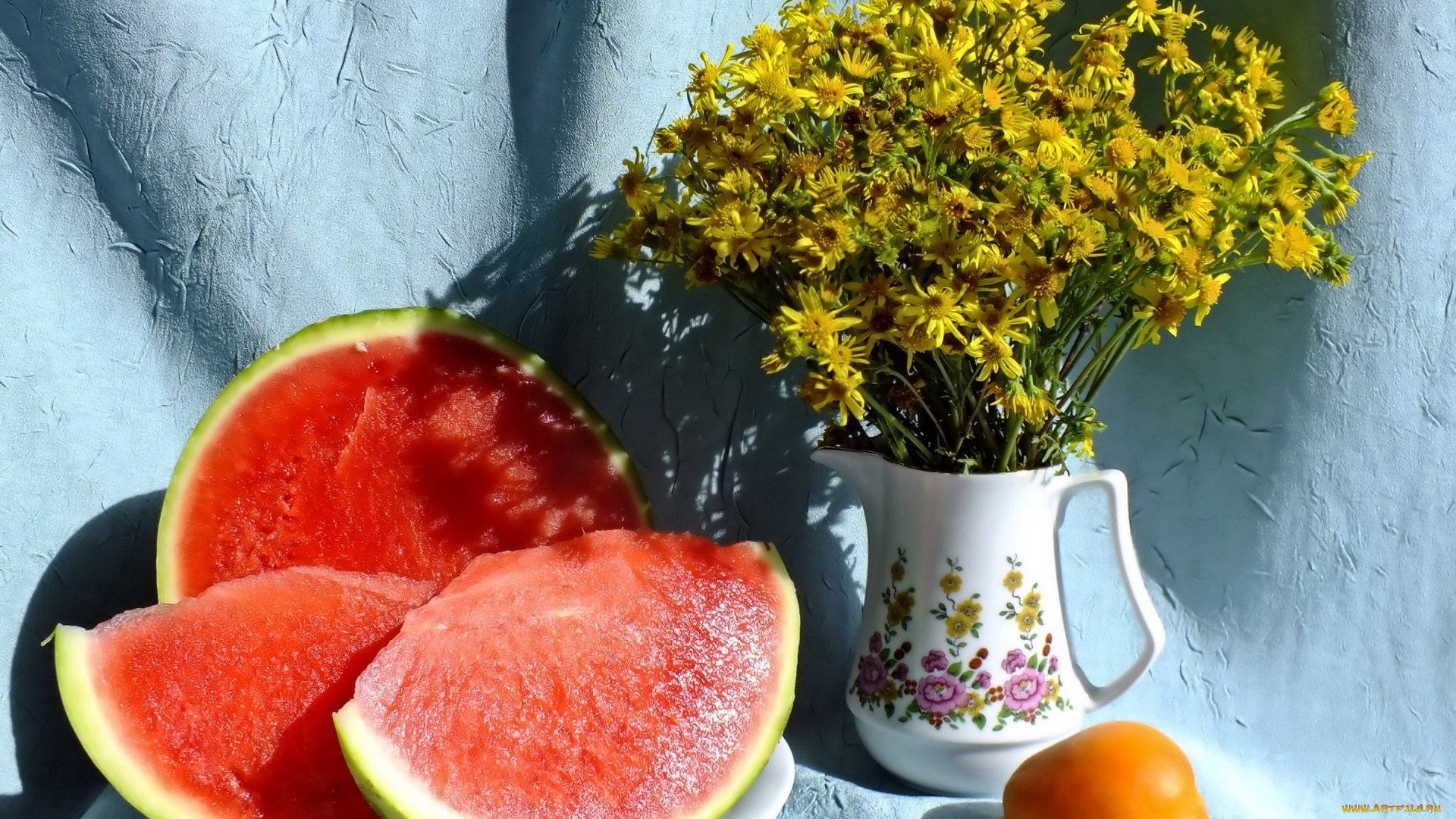 еда, натюрморт, цветы, арбуз, ваза