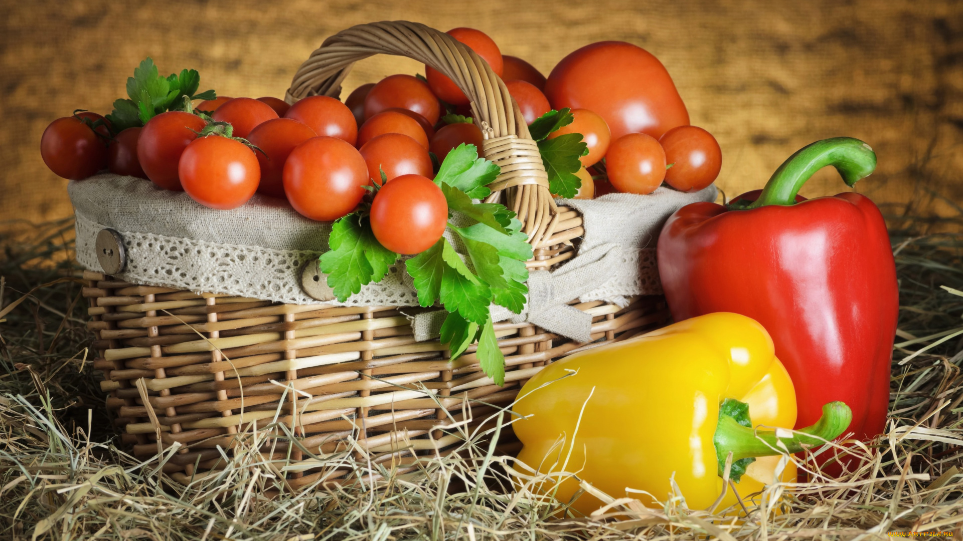 еда, натюрморт, перец, сено, паприка, томаты, корзина, помидоры, овощи