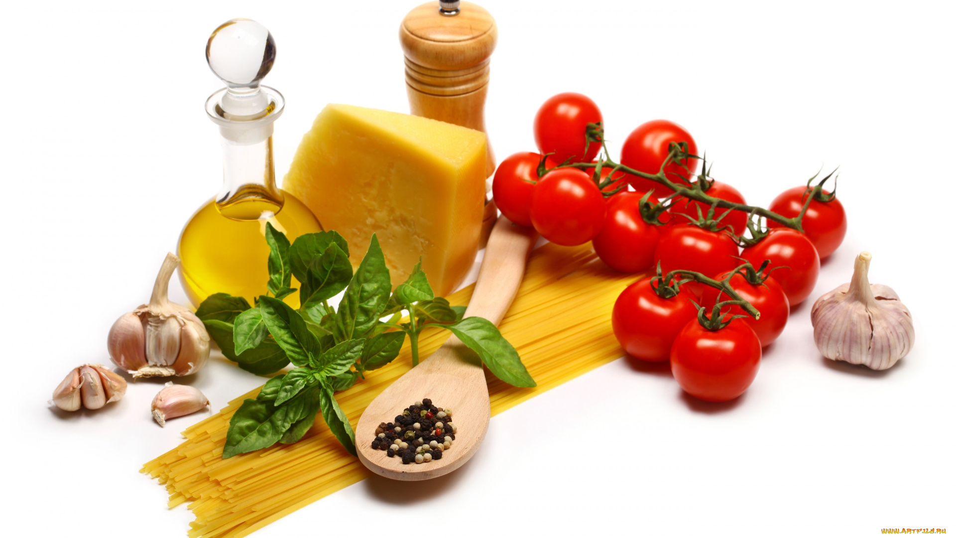 еда, разное, спагетти, белый, фон, сыр, зелень, чеснок, специи, макароны, помидоры, томаты, ложка, натюрморт
