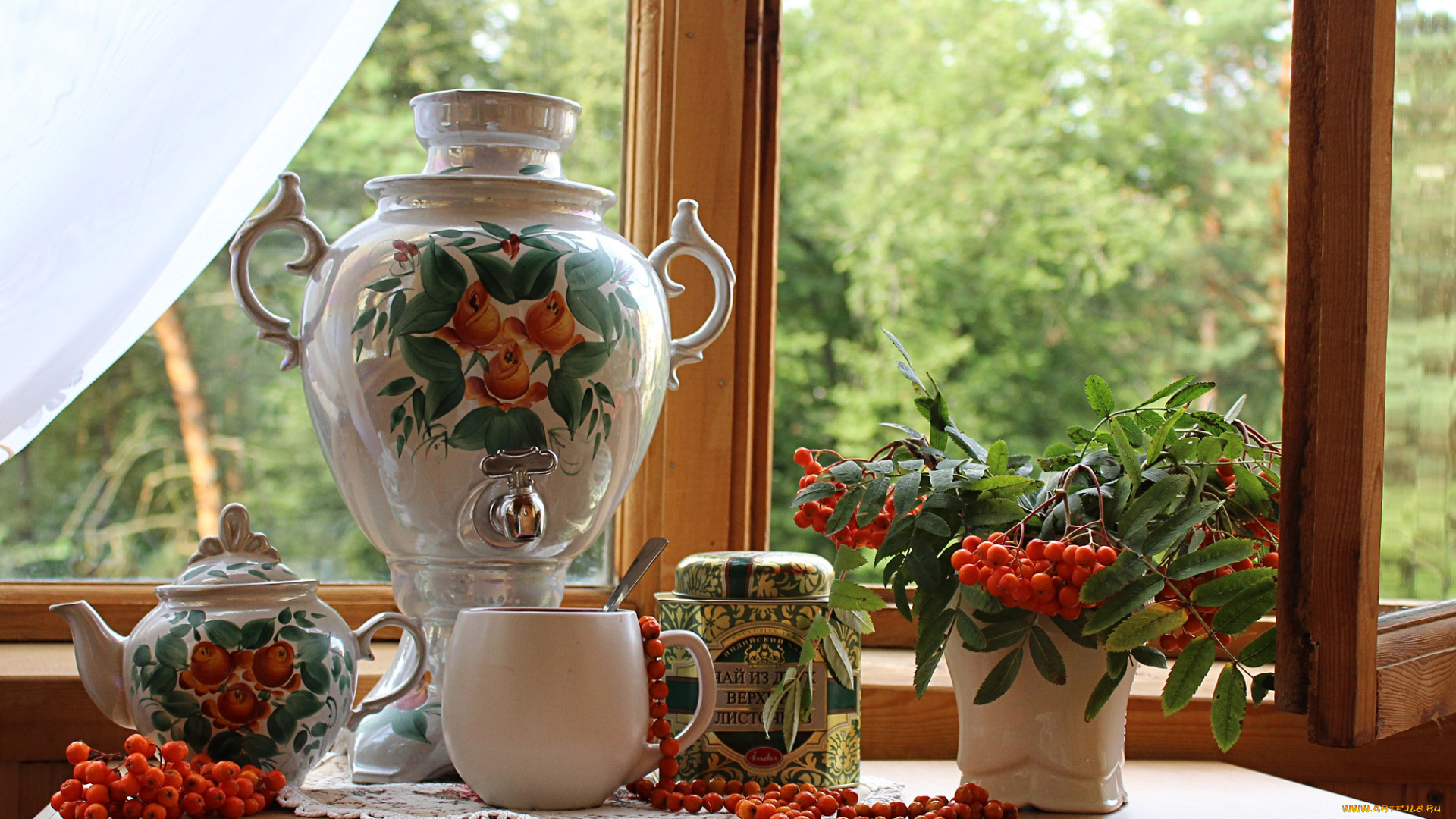 еда, рябина, ягоды, чай, самовар, натюрморт
