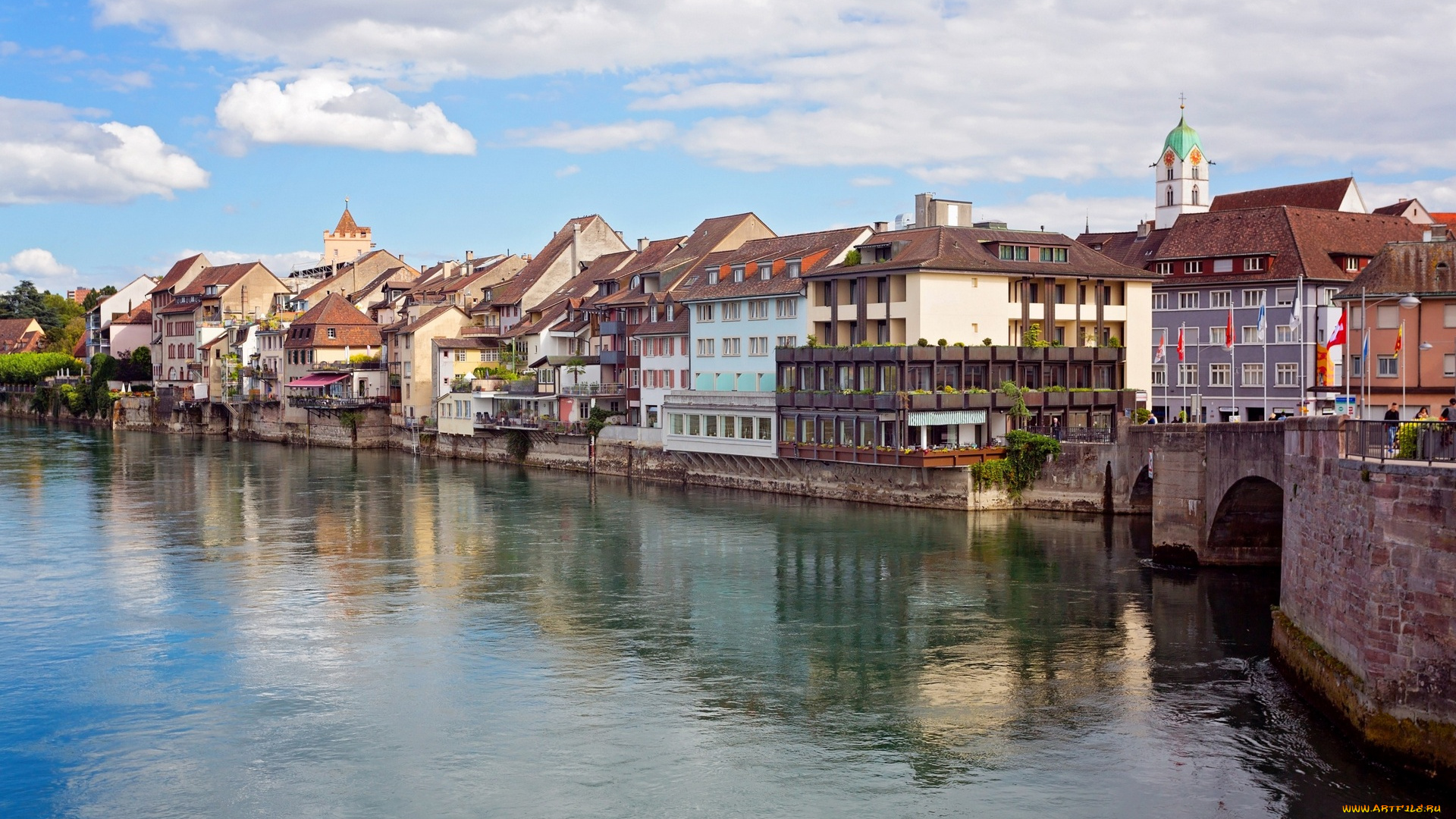 города, -, улицы, , площади, , набережные, водоем, мост, здания, облака