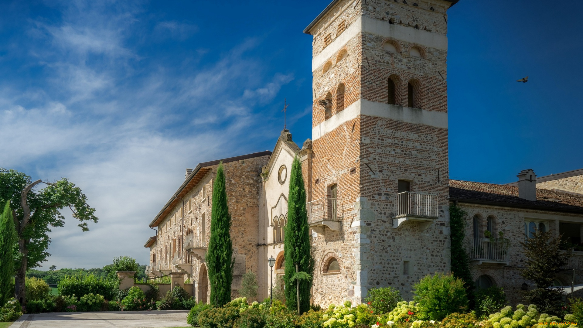 италия, города, -, католические, соборы, , костелы, , аббатства, цветы, газон, здание, деревья