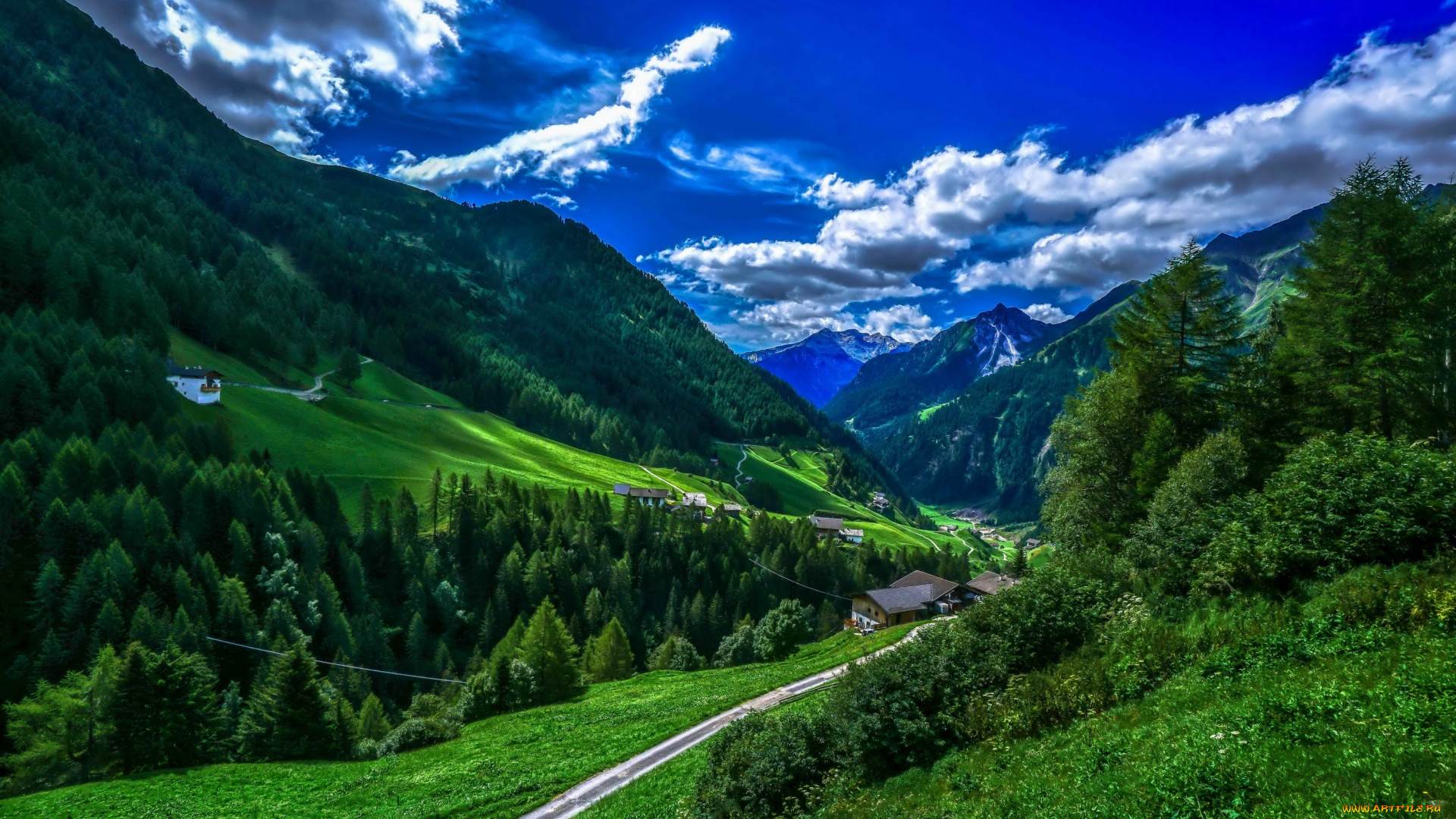 италия, природа, пейзажи, облака, горы, дорога, деревья, растения, постройки