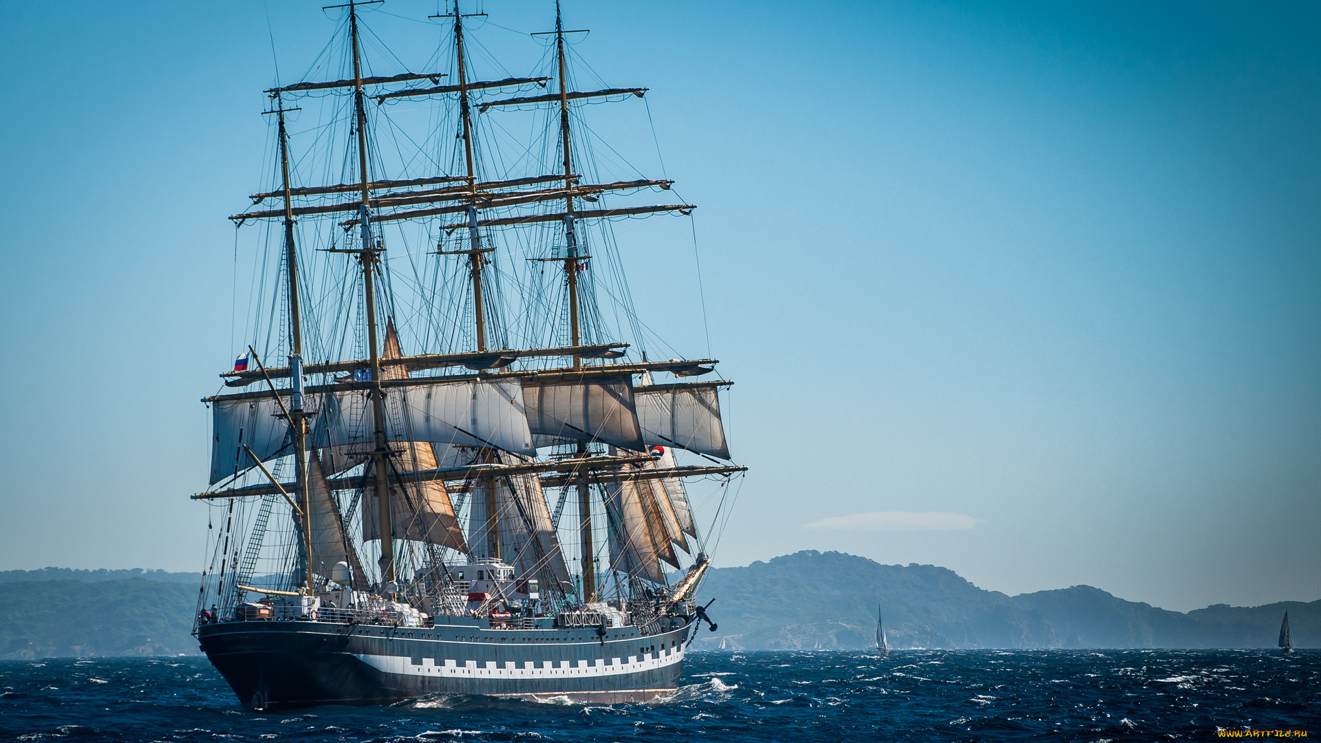корабли, парусники, деревья, побережье, водоем