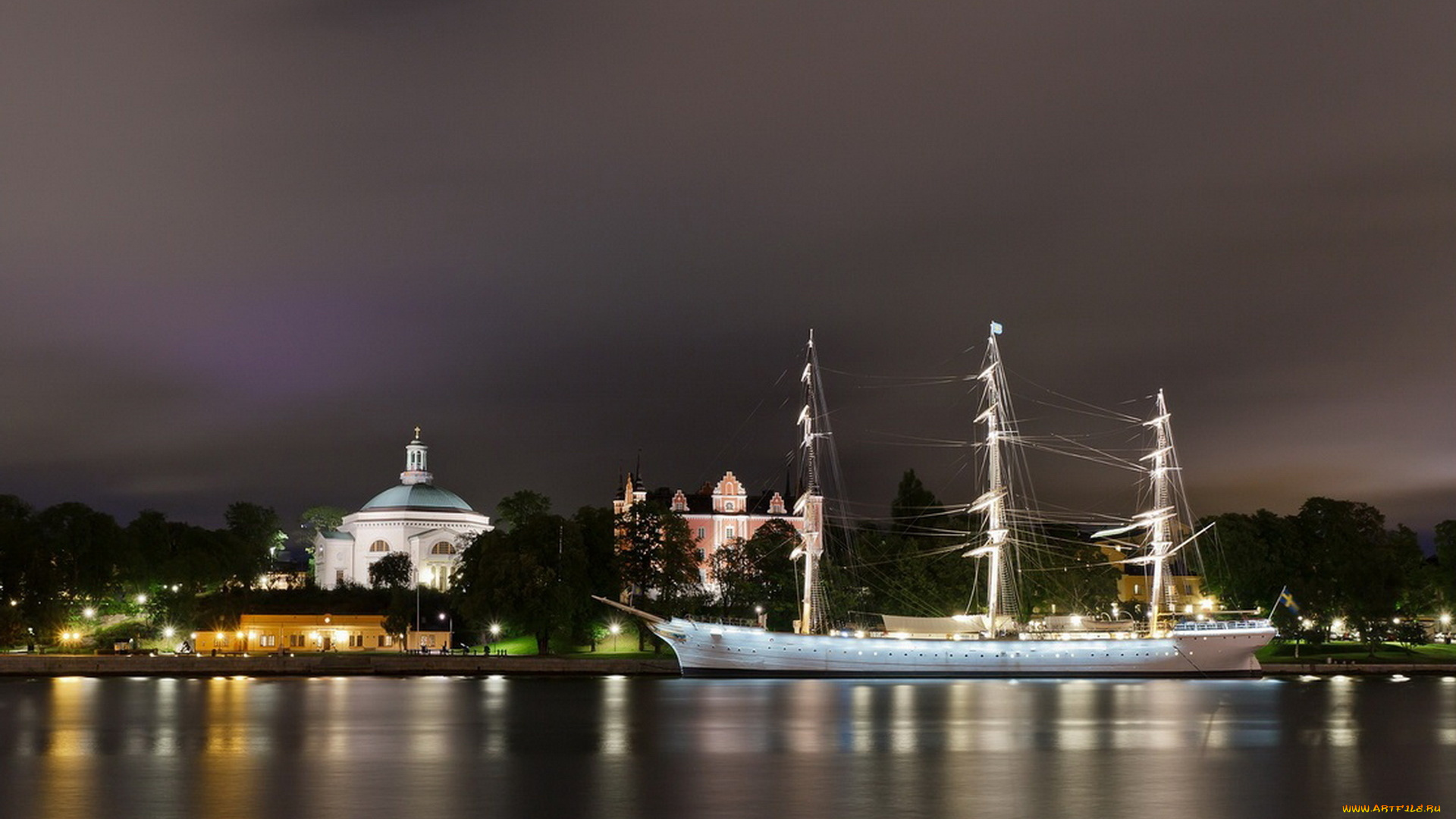 корабли, парусники, набережная, ночь, здания, освещение, водоем, фонари