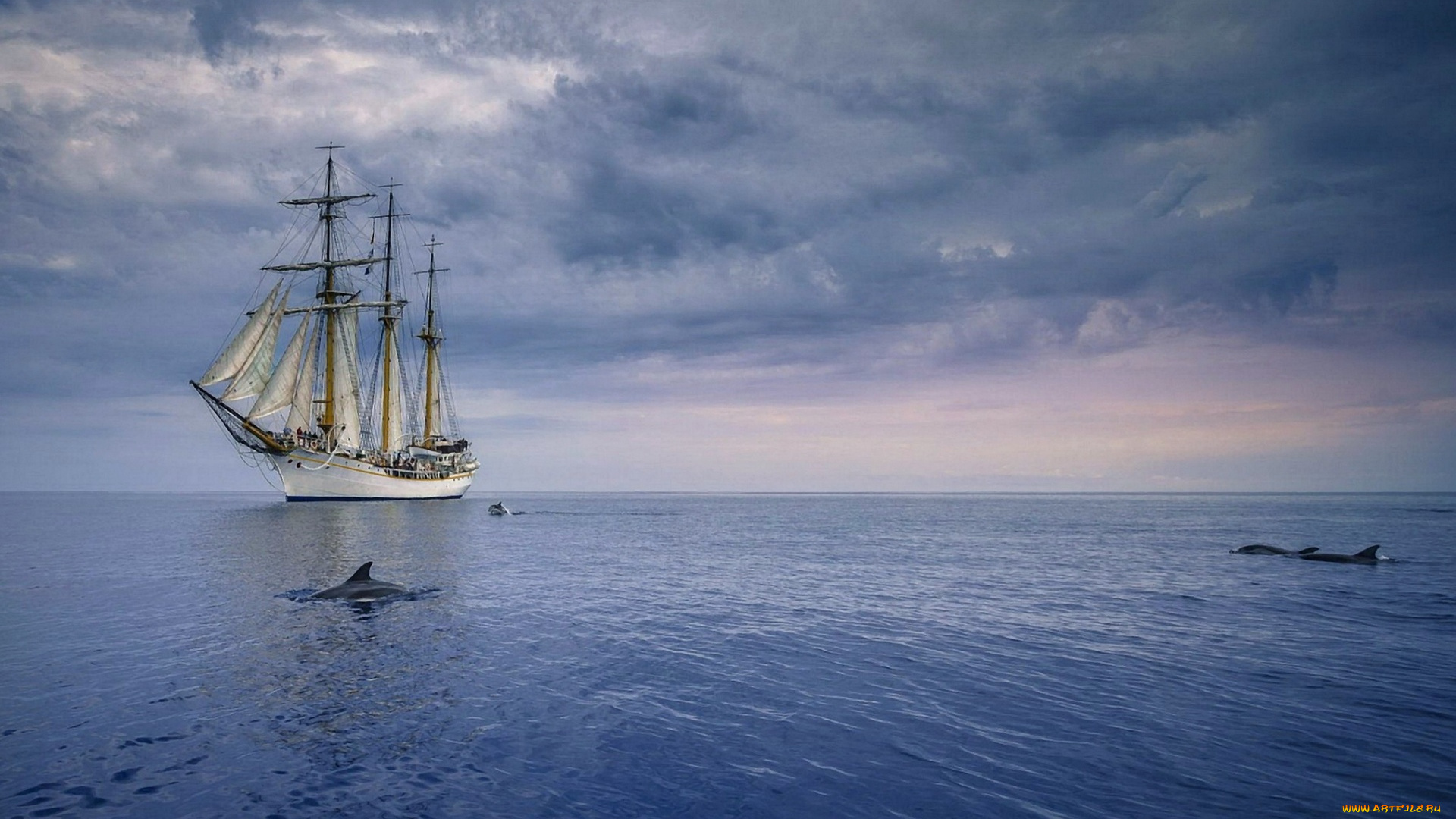 корабли, парусники, облака, дельфины, водоем