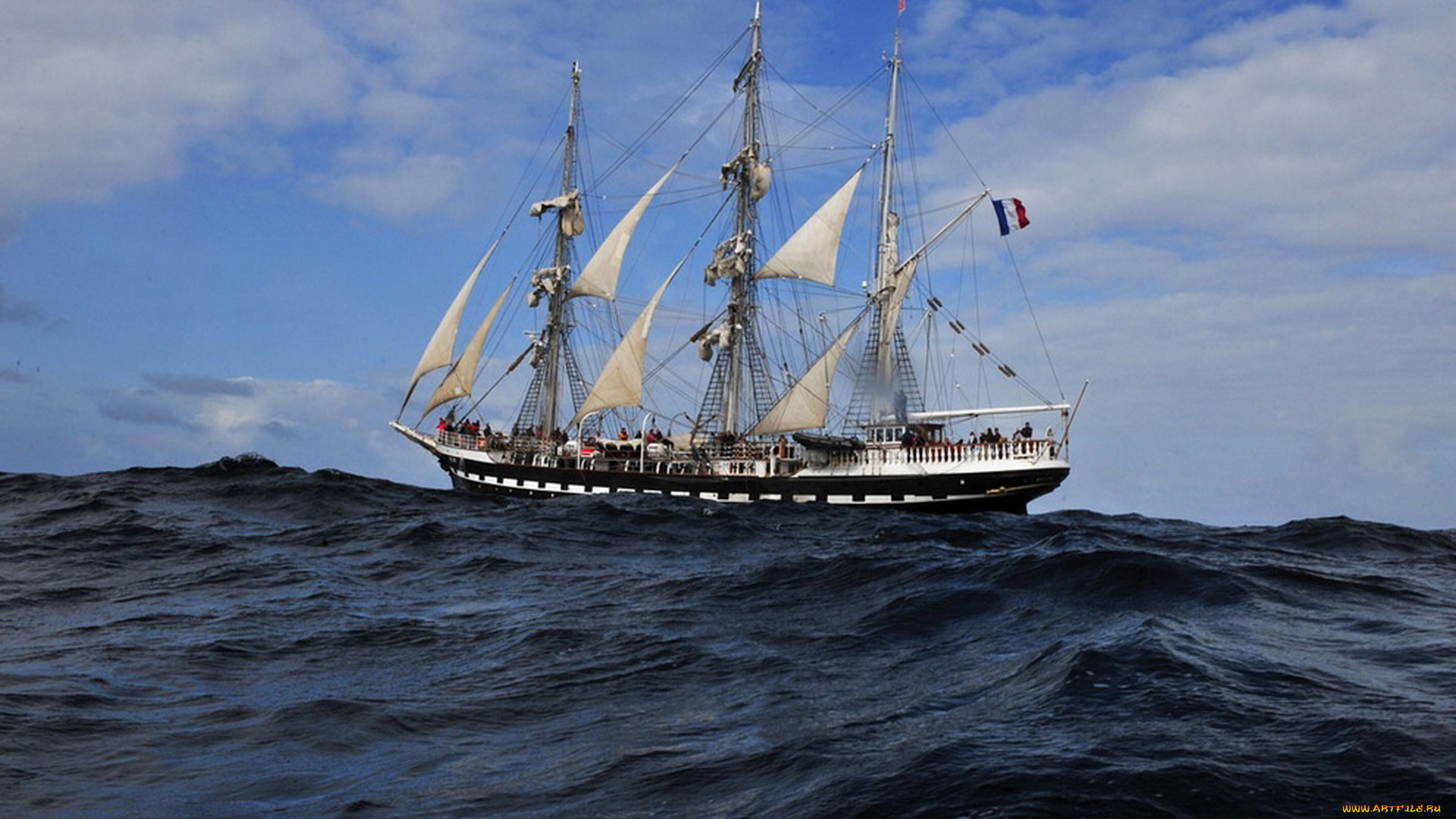 корабли, парусники, облака, флаг, водоем