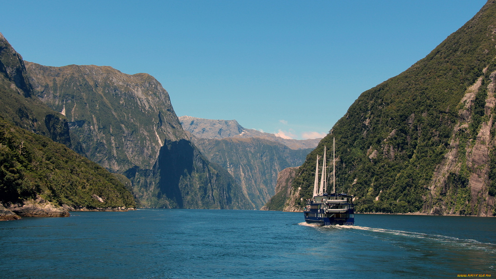 корабли, парусники, растения, горы, водоем