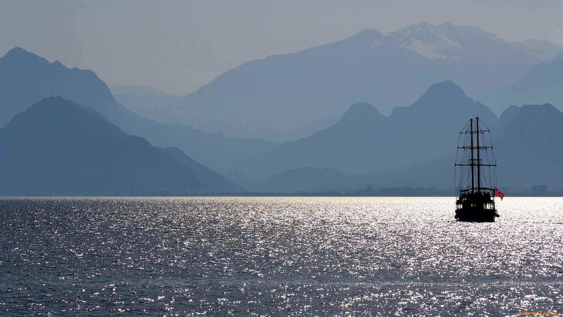 корабли, парусники, водоем, флаг, горы