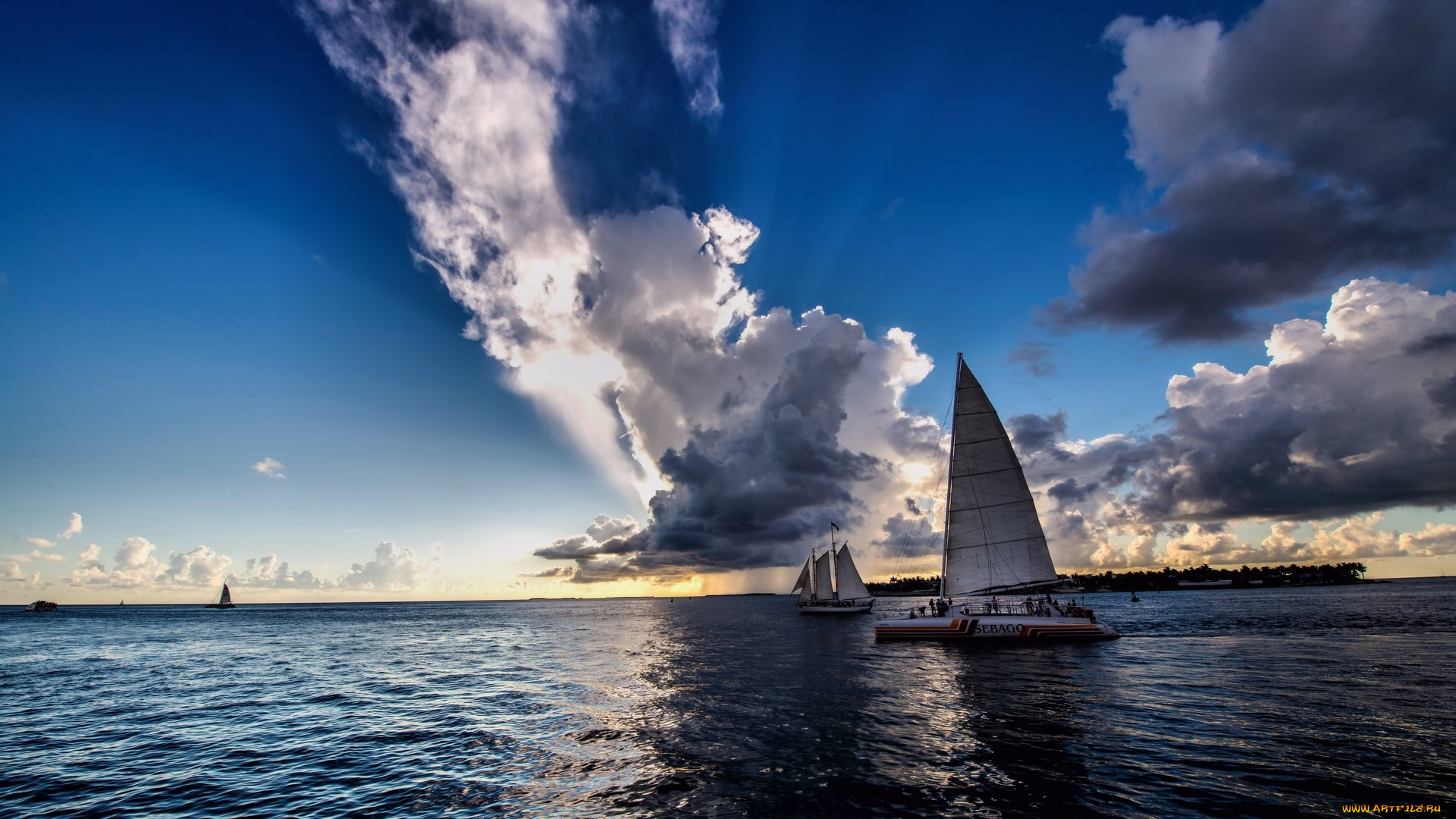 корабли, Яхты, облака, парус, водоем