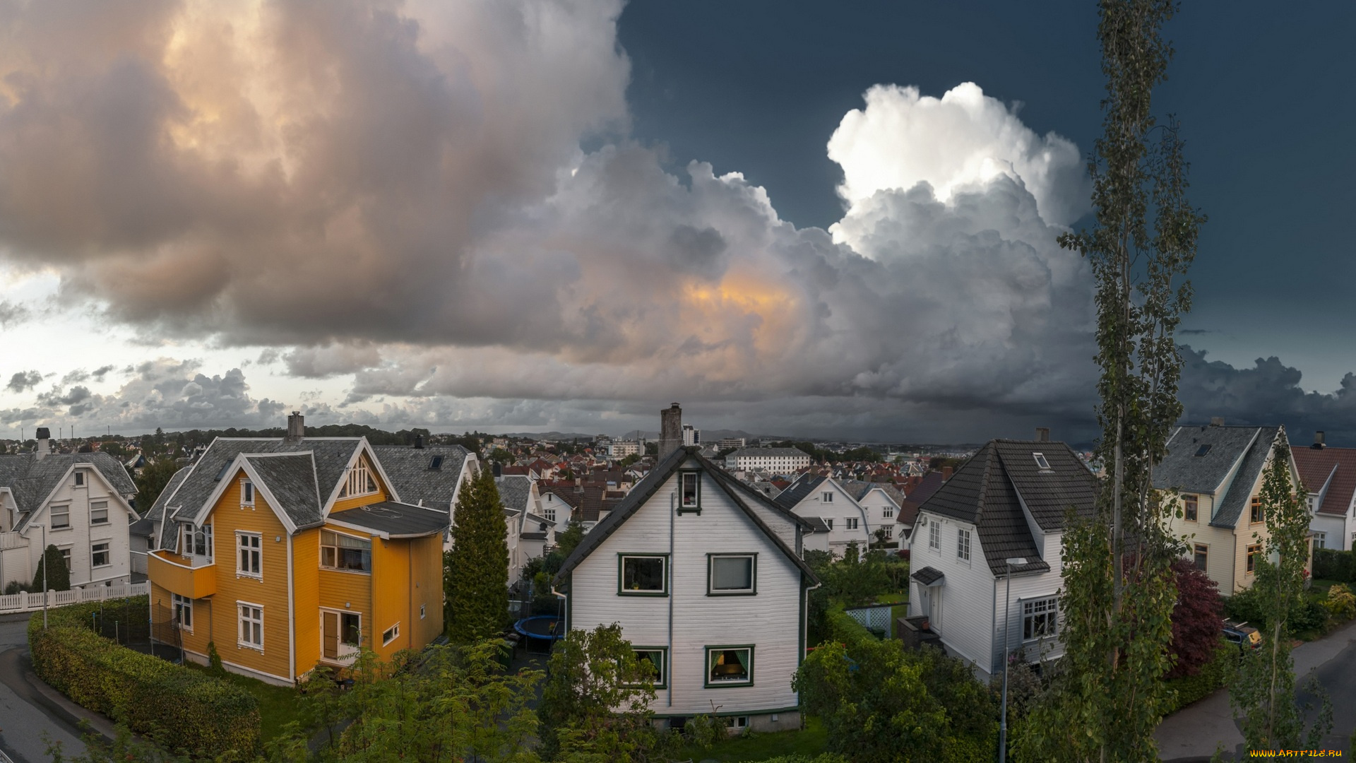 норвегия, города, -, панорамы, дома, деревья, облака, дорога