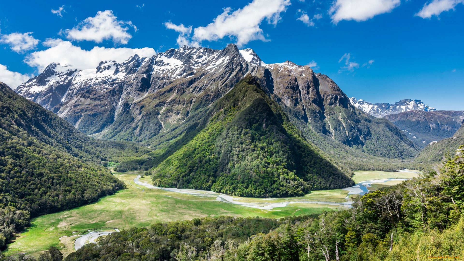 новая, зеландия, природа, горы, облака, снег, водоем, деревья