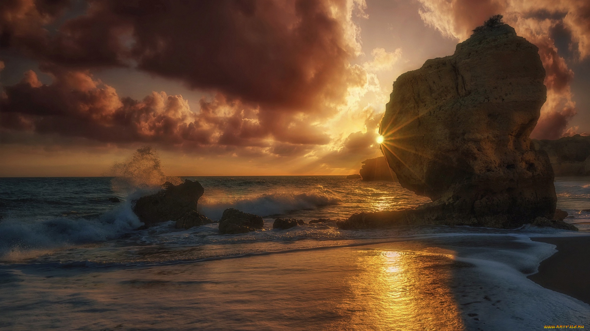 португалия, природа, восходы, закаты, облака, камни, пена, водоем, брызги