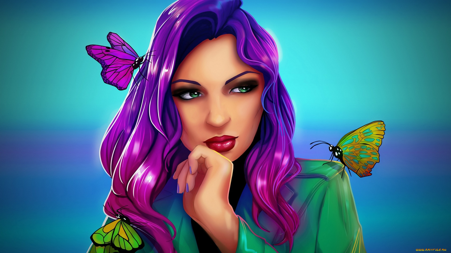 рисованное, люди, бабочки, девушка