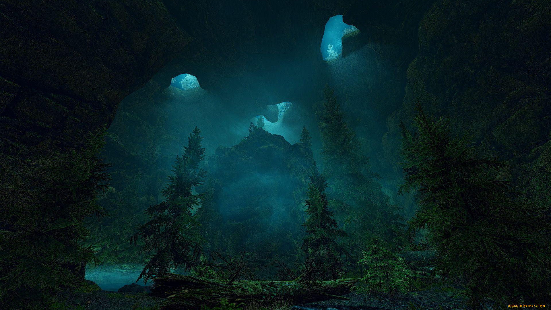 видео, игры, the, elder, scrolls, v, , skyrim, вода, пещера, сумерки, река, лес