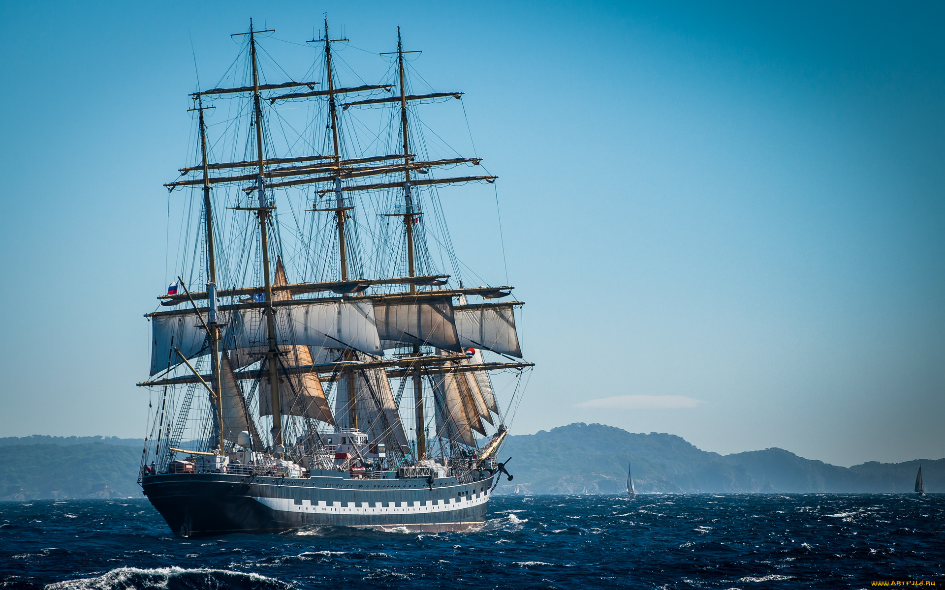 корабли, парусники, деревья, побережье, водоем