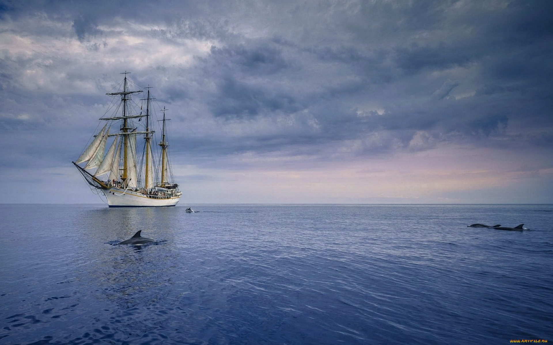 корабли, парусники, облака, дельфины, водоем