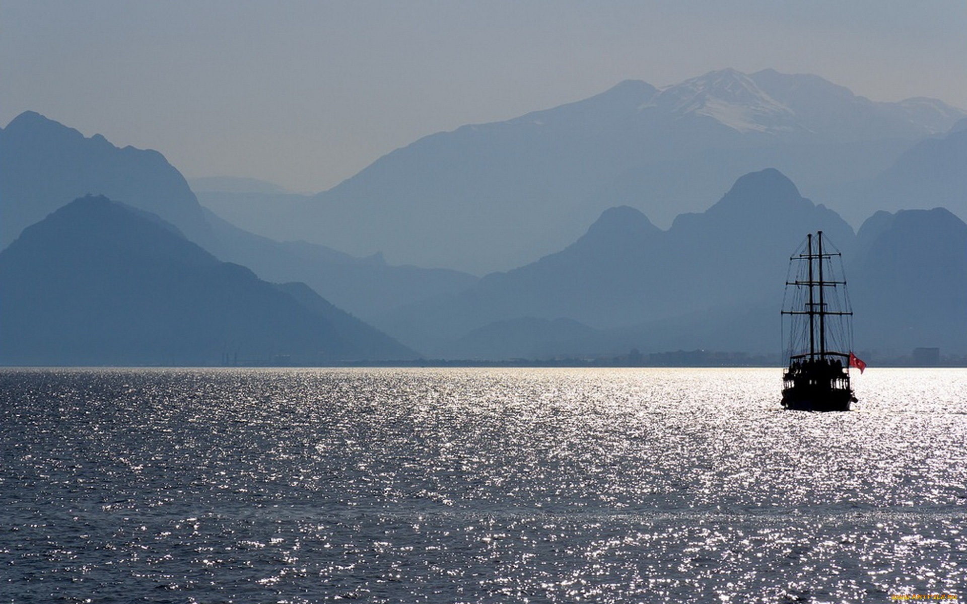 корабли, парусники, водоем, флаг, горы