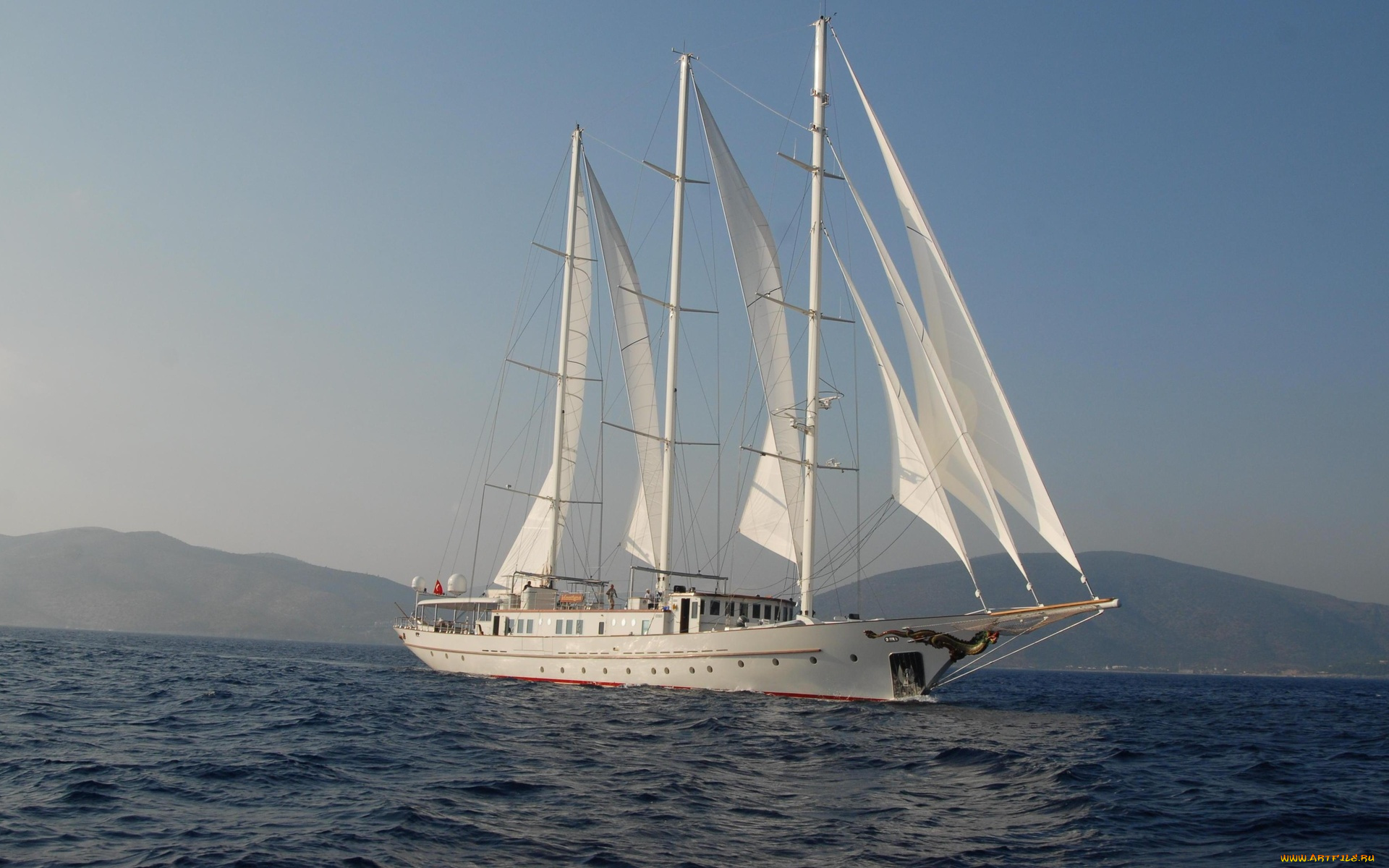 корабли, парусники, водоем, побережье, горы