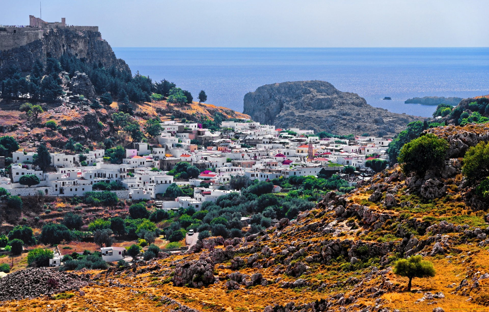 греция, города, -, панорамы, облака, водоем, камни, здания, деревья