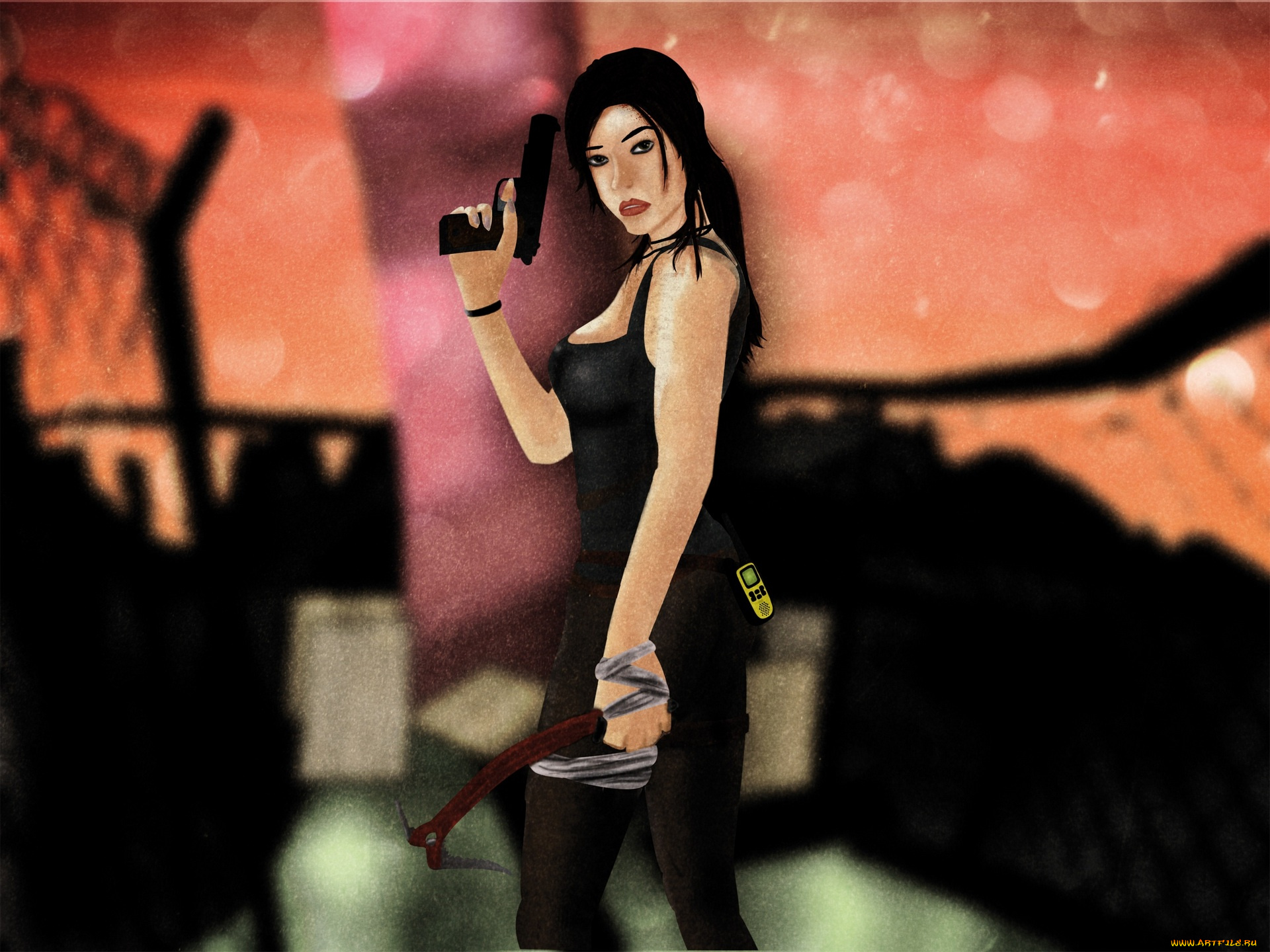 рисованное, люди, мобильник, пистолет