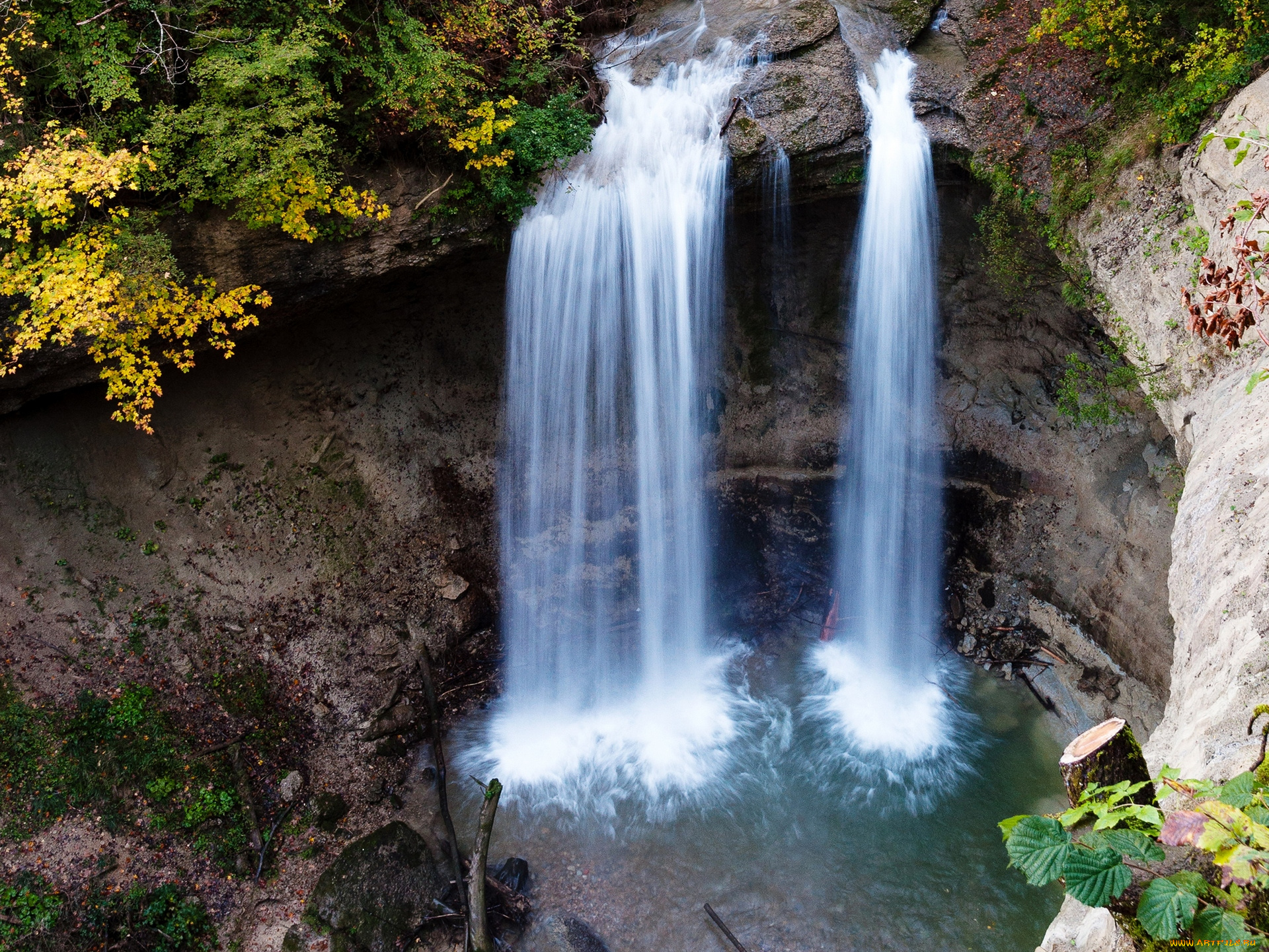 природа, водопады, растения, водоем