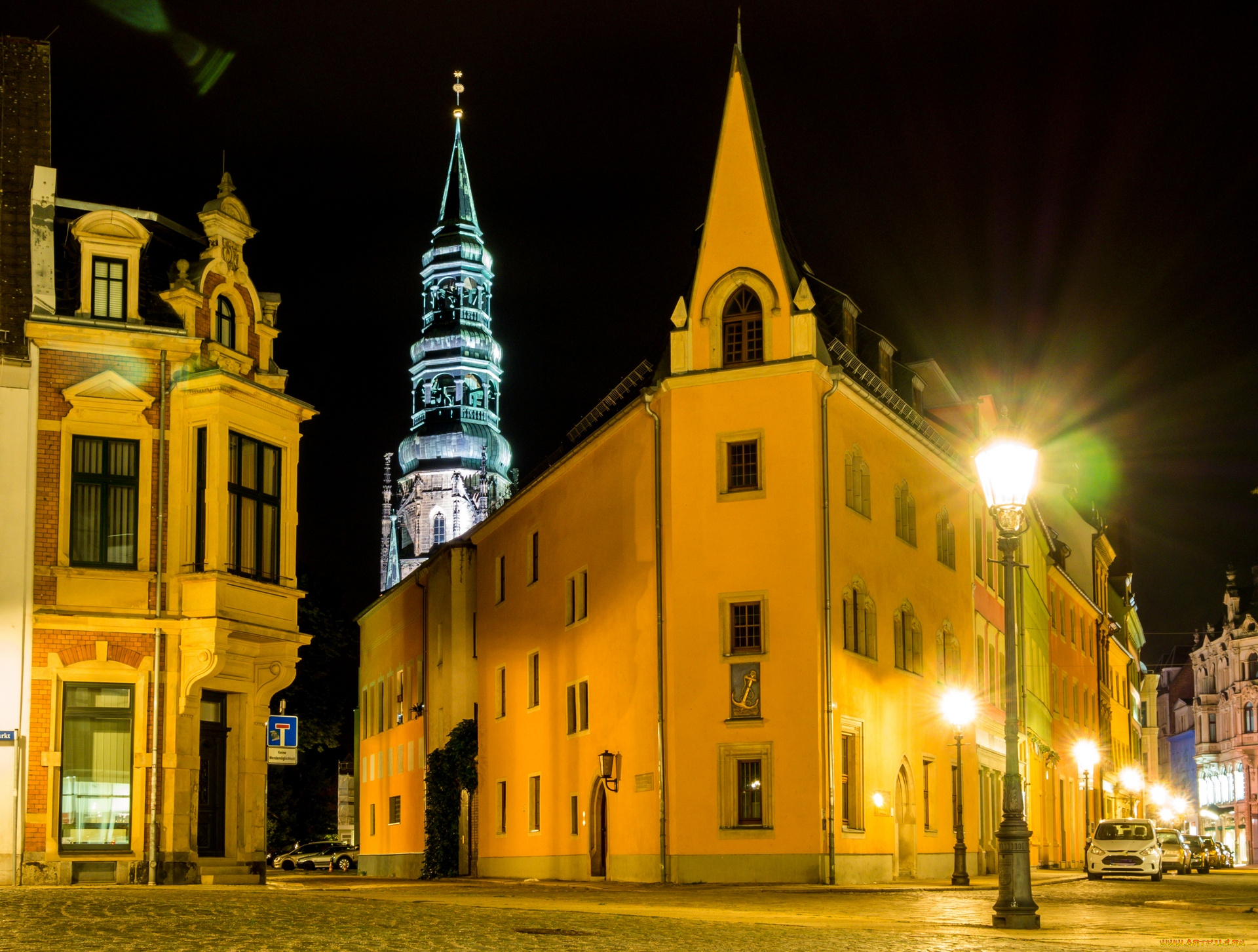 германия, города, -, огни, ночного, города, здания, фонари, машины, дорога, автомобиль