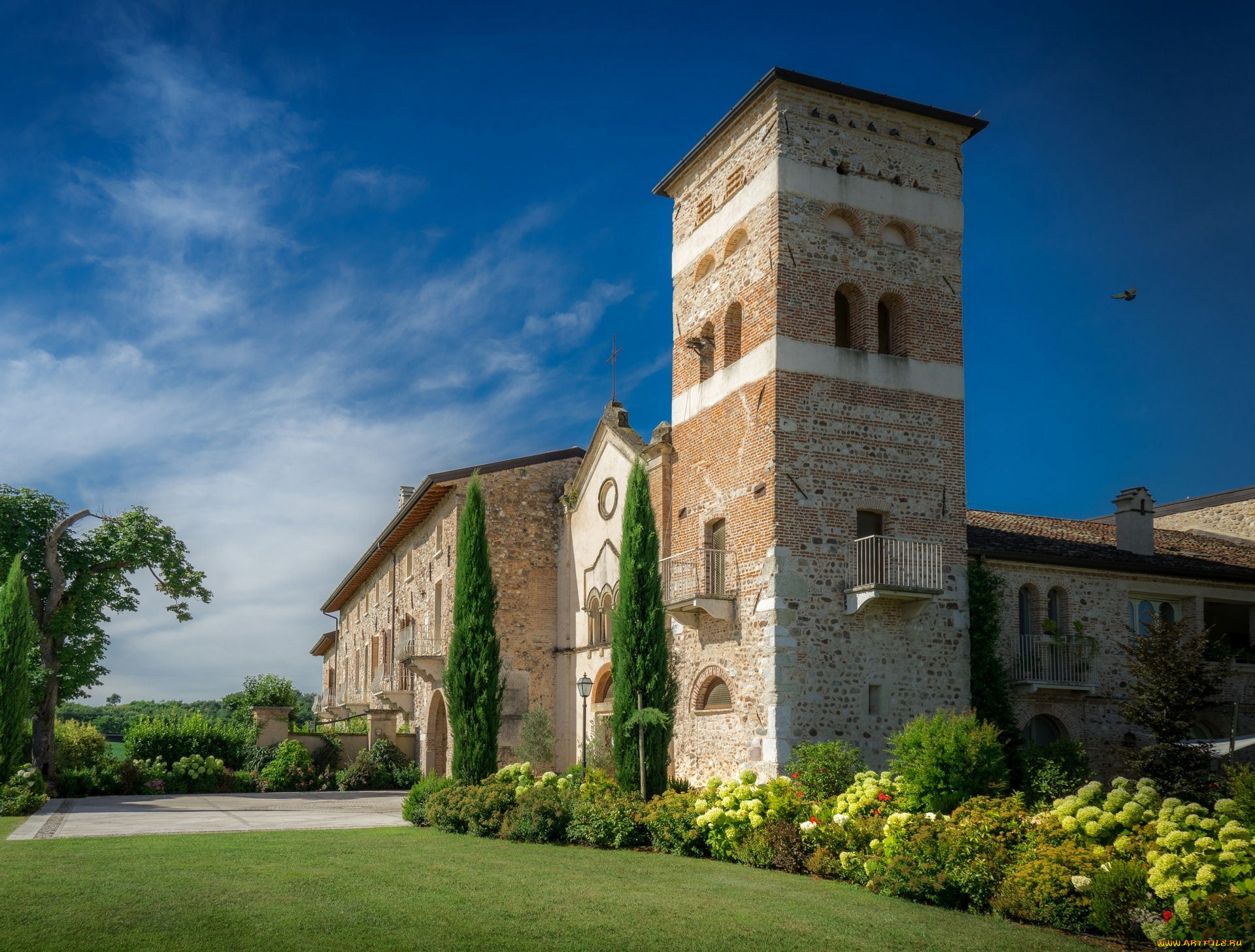 италия, города, -, католические, соборы, , костелы, , аббатства, цветы, газон, здание, деревья