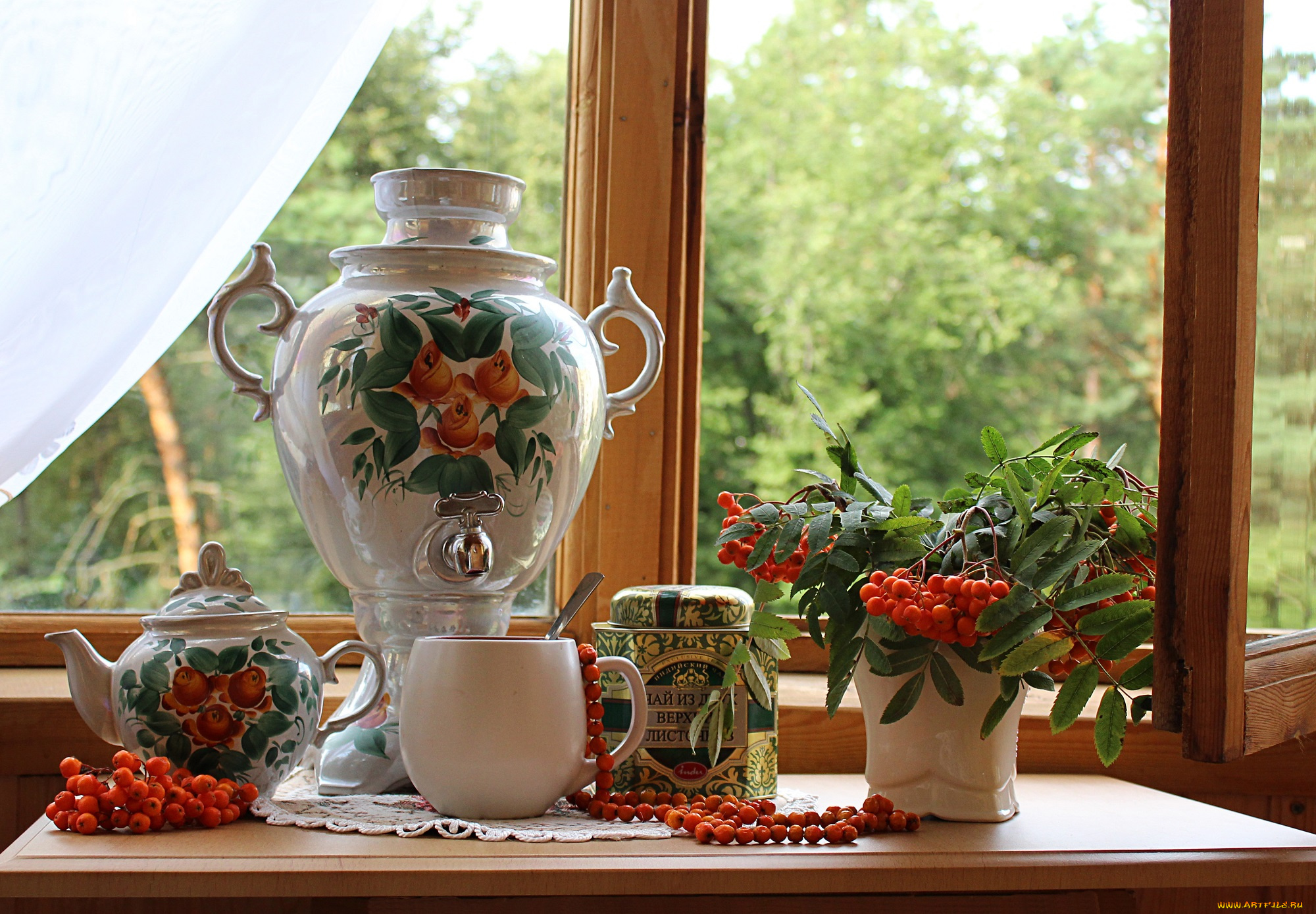 еда, рябина, ягоды, чай, самовар, натюрморт