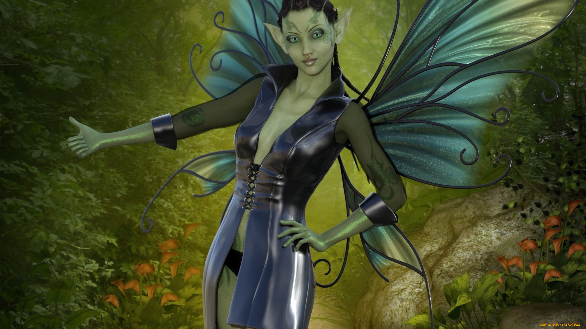 3д, графика, эльфы, , elves, взгляд, фон, эльфийка
