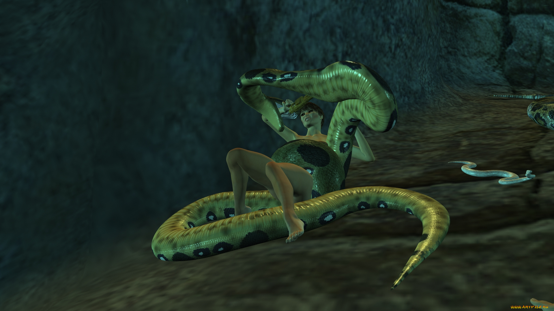3д, графика, фантазия, , fantasy, девушка, фон, змея, взгляд