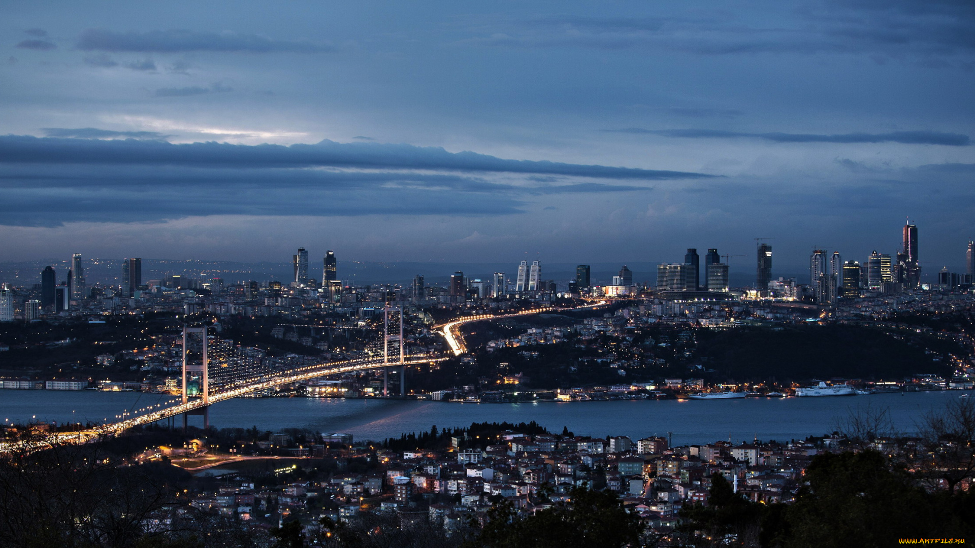 города, стамбул, , турция, огни, ночь, мост