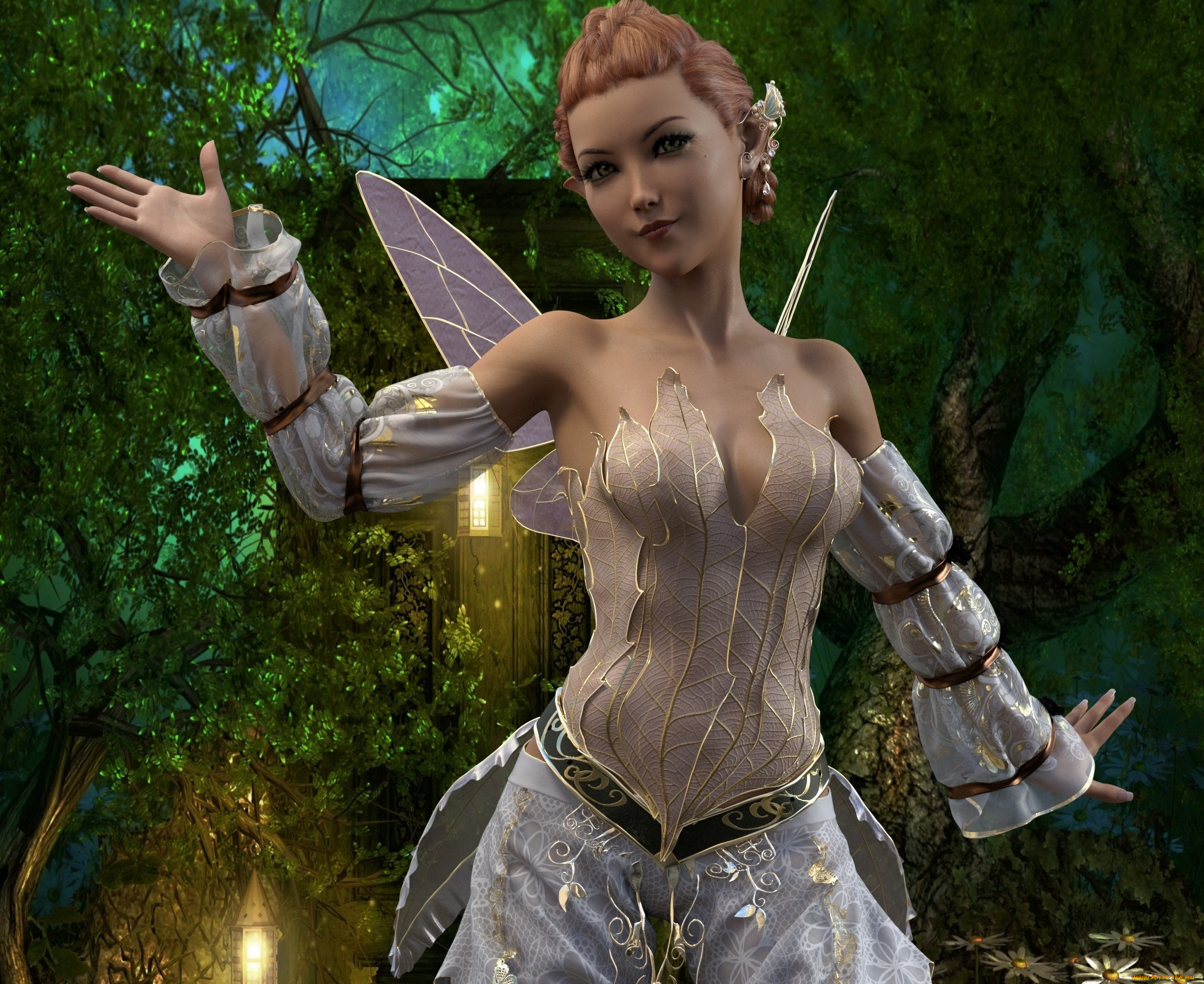 3д, графика, эльфы, , elves, взгляд, фон, эльфийка