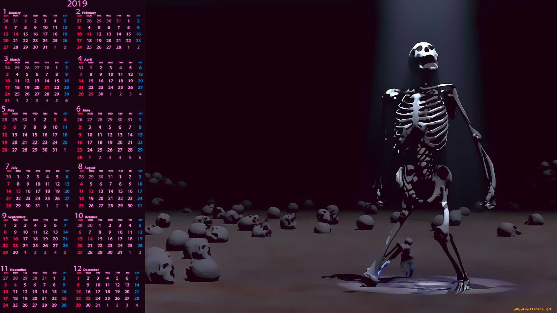 календари, 3д-графика, скелет, череп, calendar, 2019