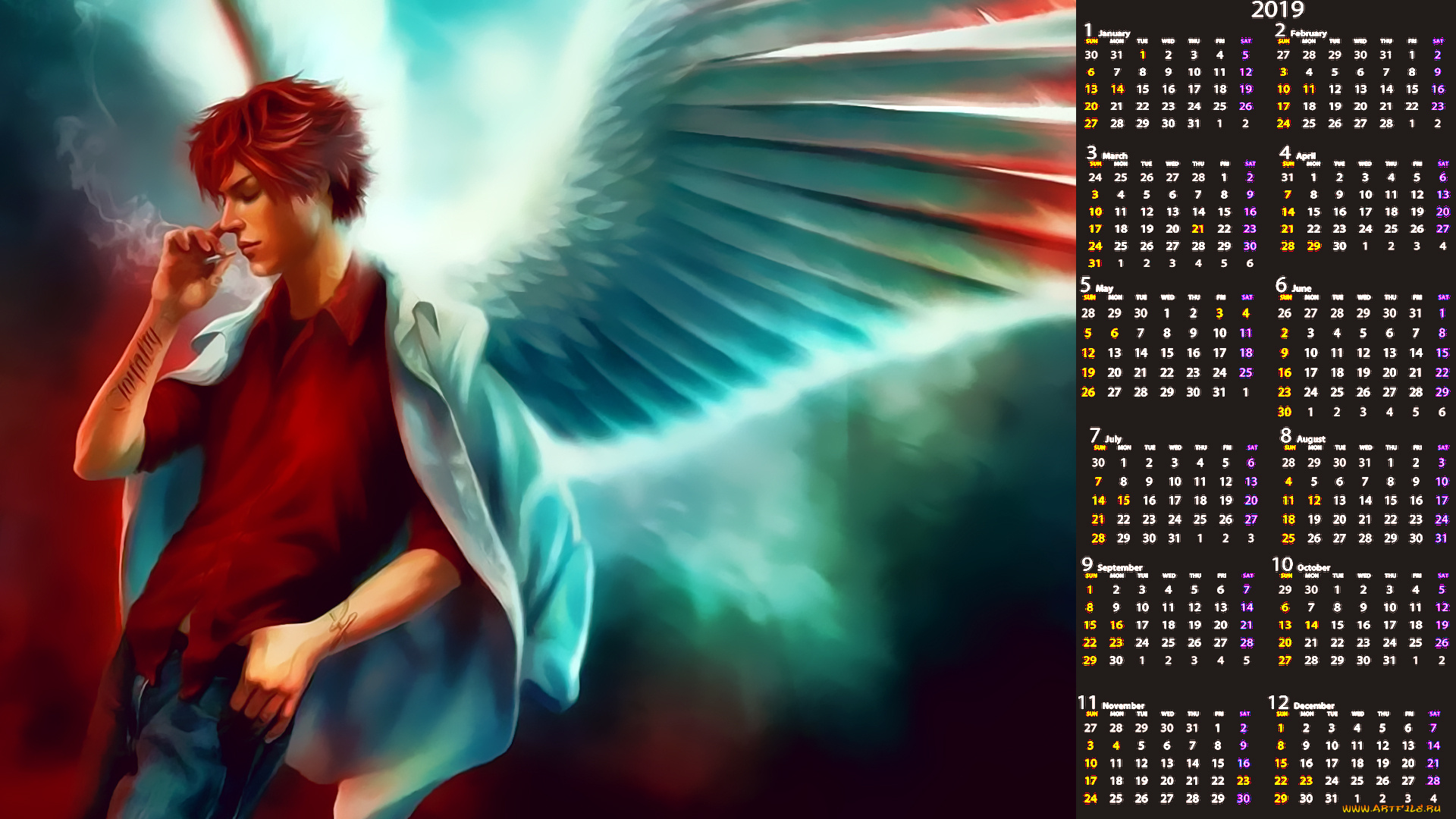 календари, фэнтези, сигарета, ангел, мужчина, calendar, 2019, парень, курит, крылья