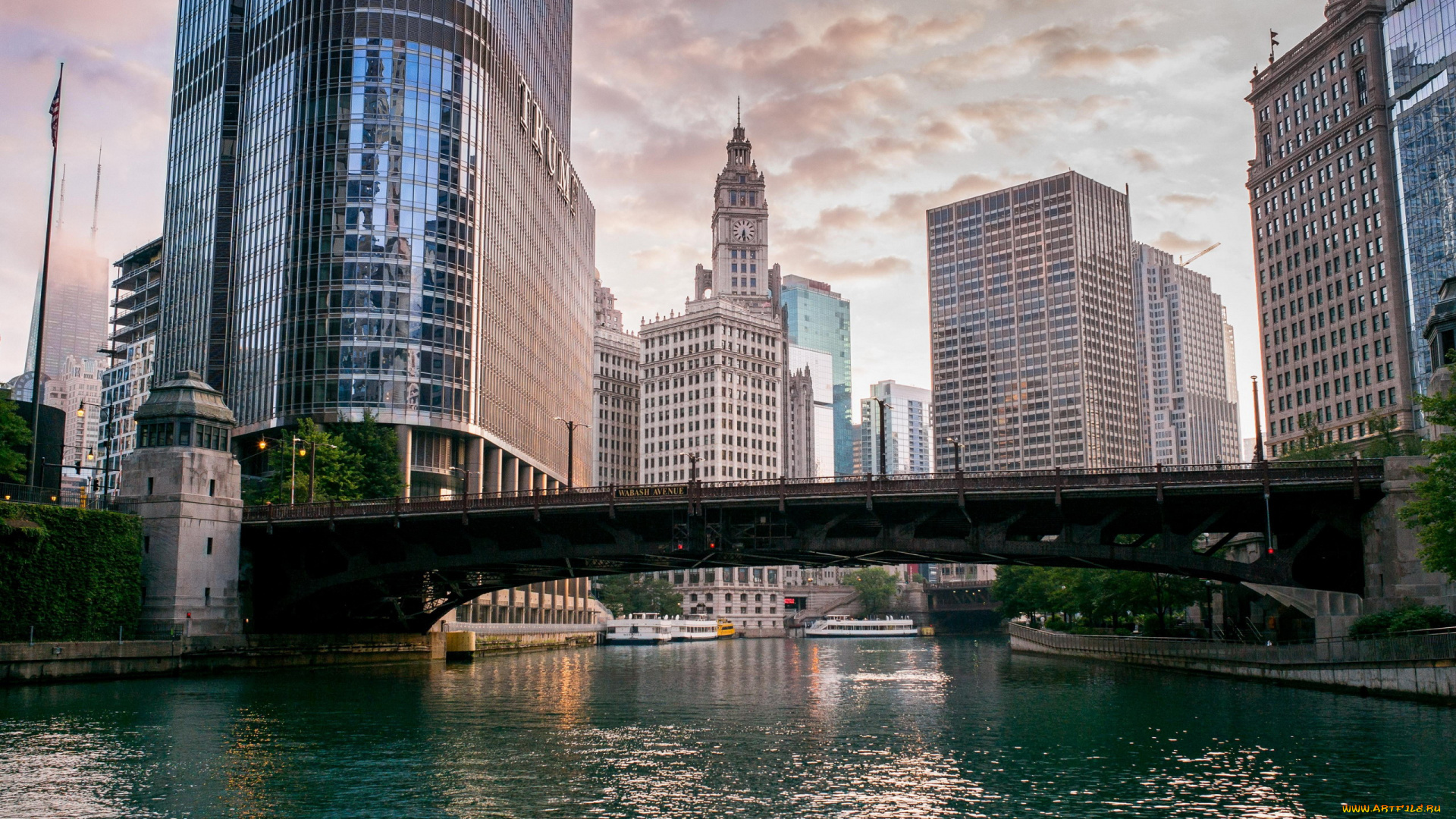 города, чикаго, , сша, река, мост, небоскребы