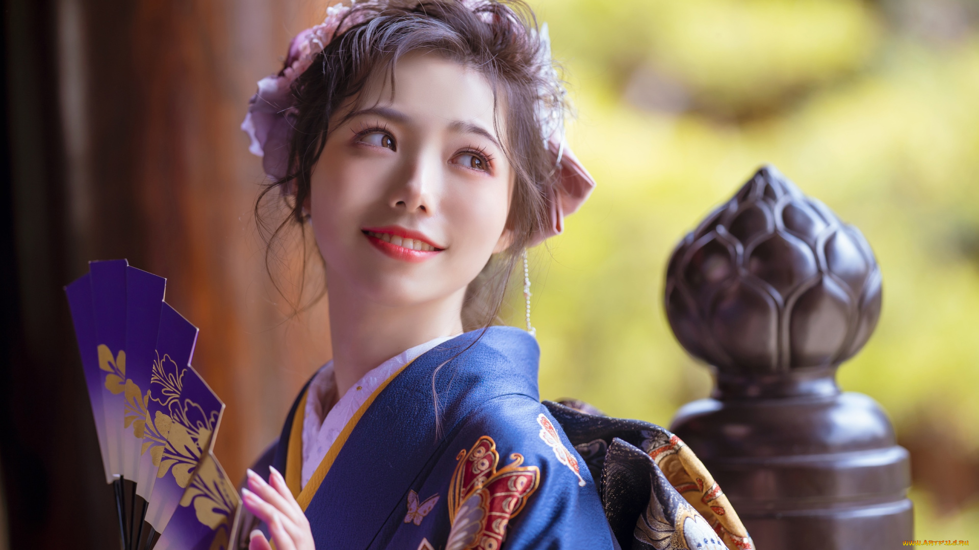 девушки, -, азиатки, кимоно, веер