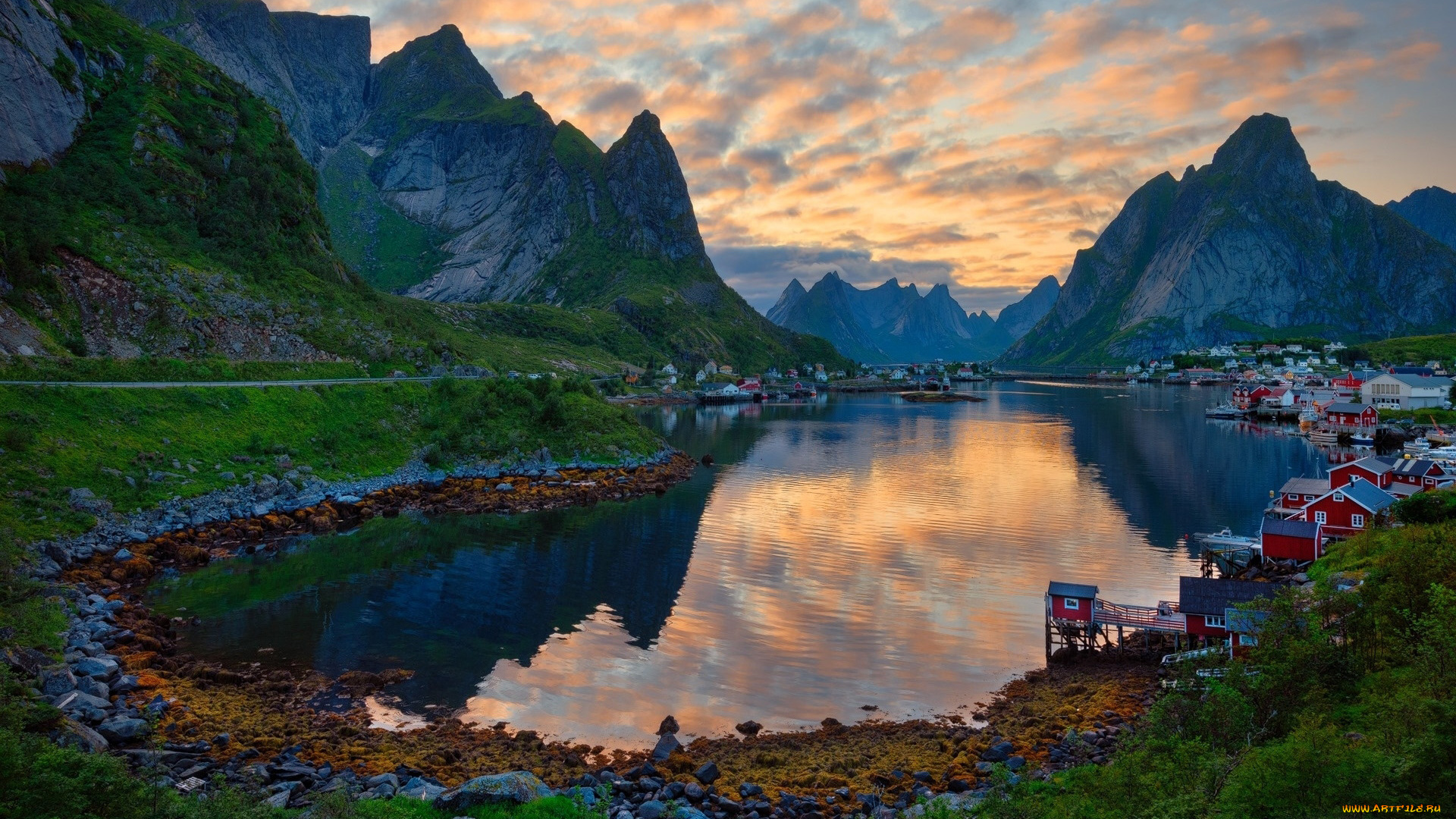 города, лофотенские, острова, , норвегия, горы, фьорд, дома