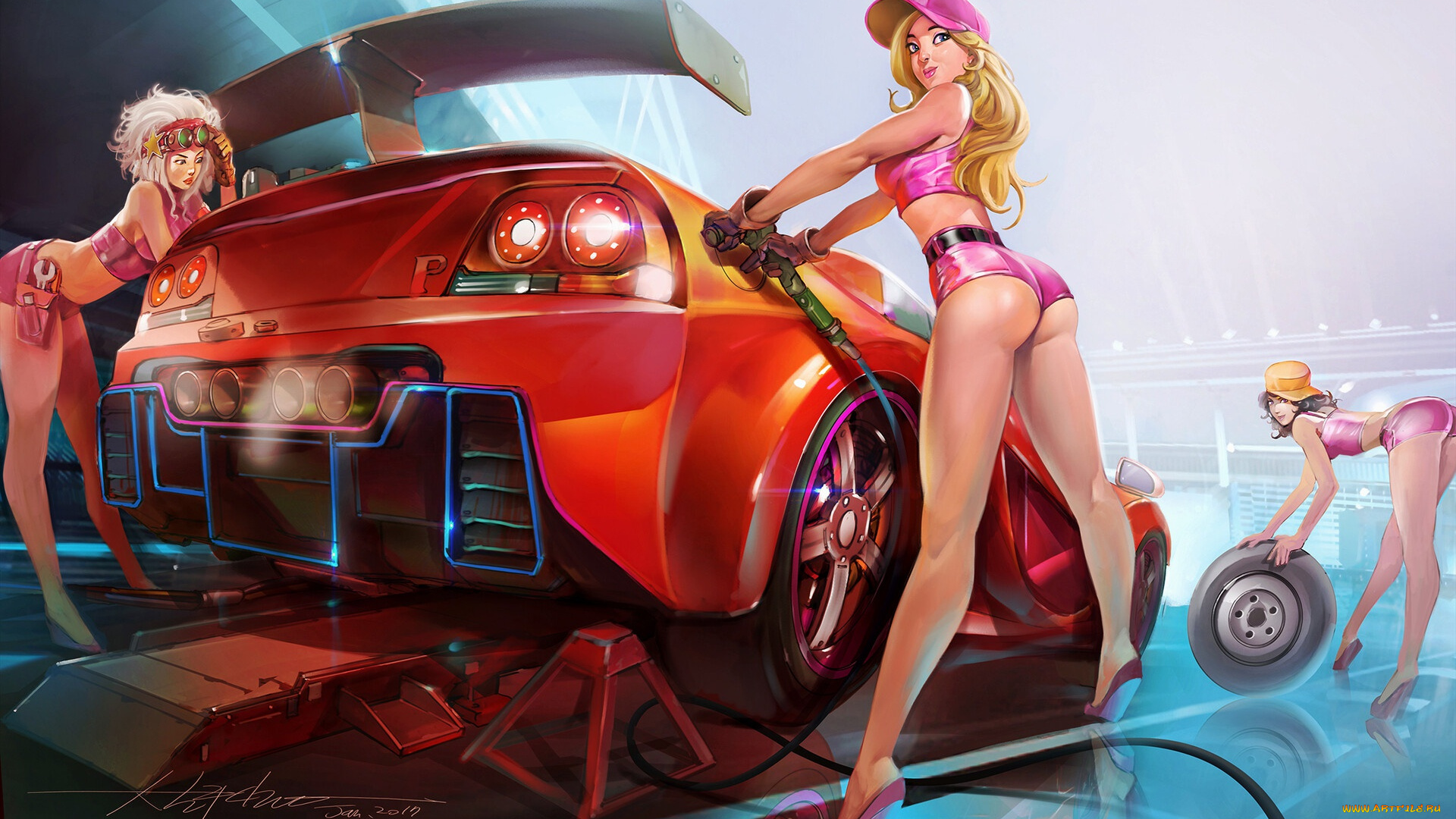 рисованное, люди, машина, девушки, механики